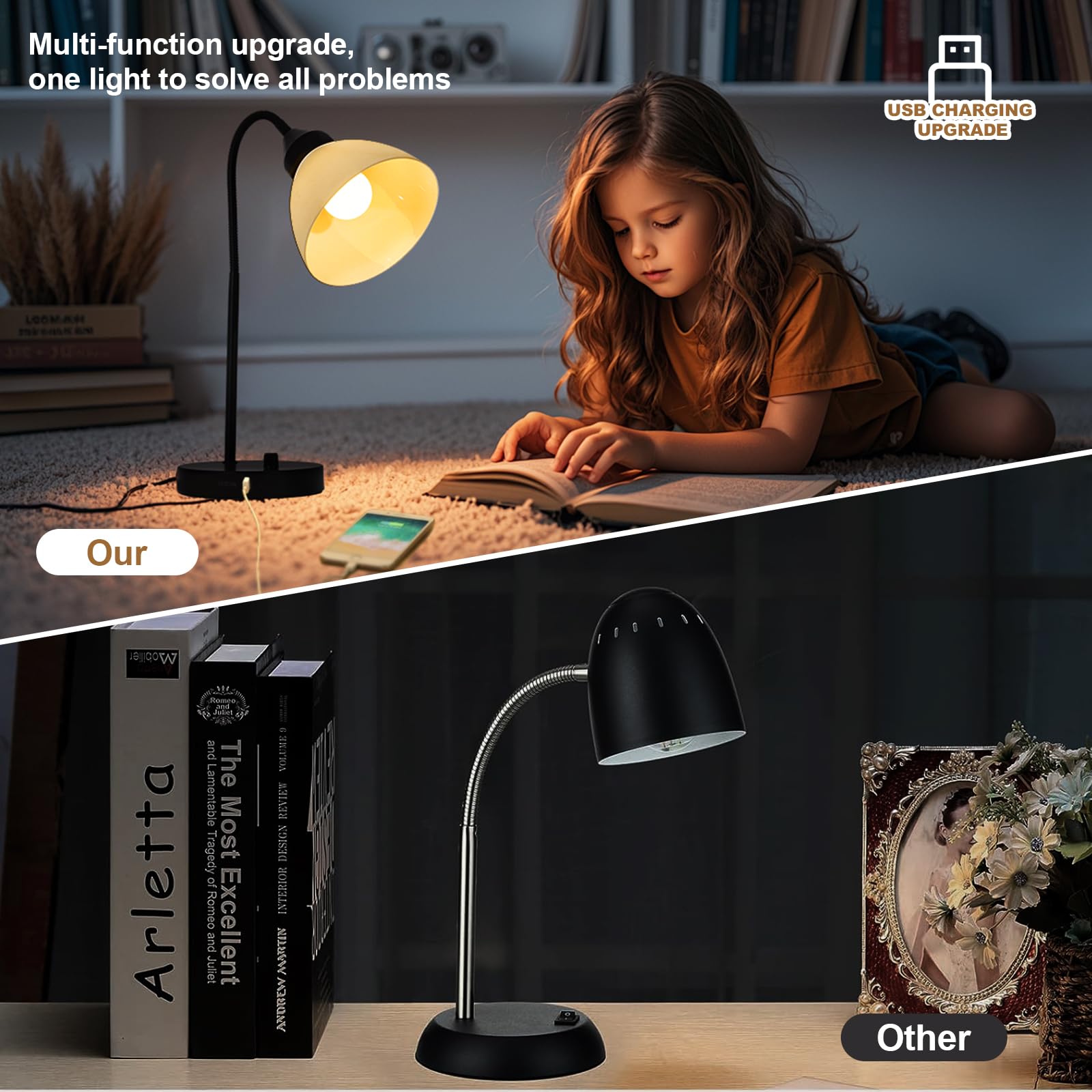 Lámparas de escritorio, lámparas de mesa para dormitorios con 2 puertos USB, lámparas de noche regulables continuas, lámpara de cuello de cisne ajustable para sala de estar, lámparas pequeñas para 7