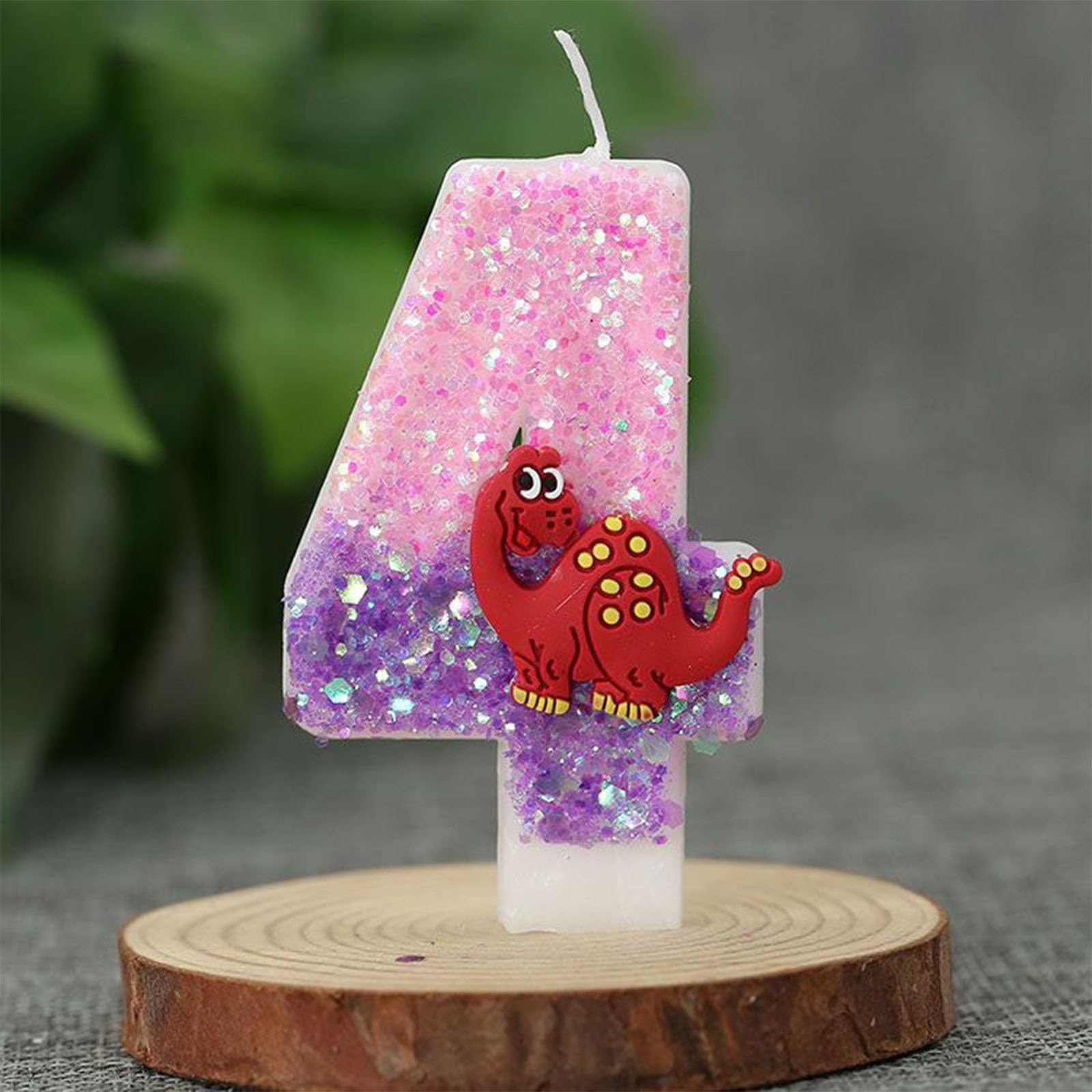 Dinosaur Birthday Candle - Smokeless Safe Wax Candles for Kids Party, Number 4 Purple Dinosaur Cake Topper with Glitter (15cm)