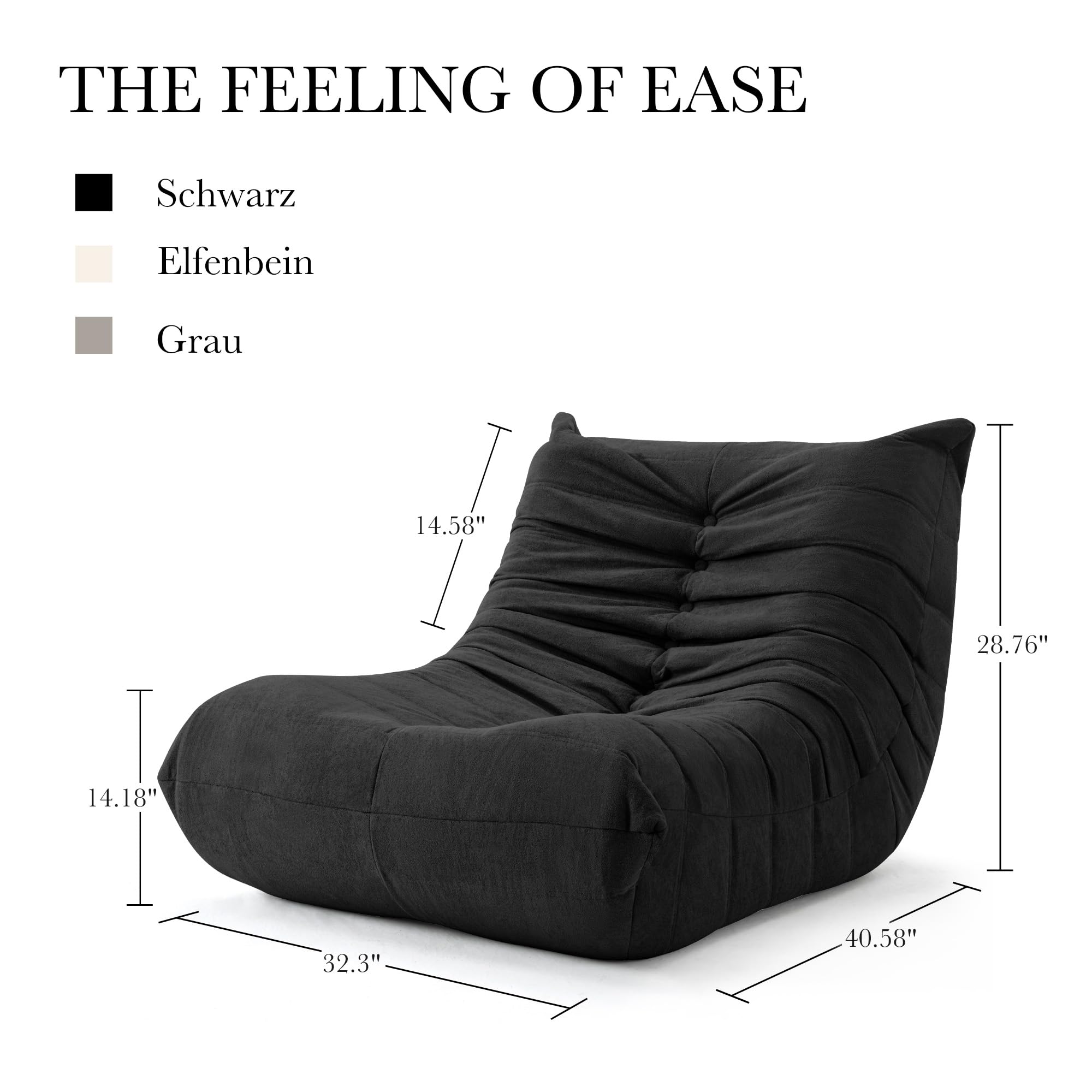 Togo Sofa, Sitzsack Sofa für Erwachsene,Togo Boneless Sessel mit Memory Schaum, Sitzsäcke Bodensofa Mit Ergonomischem Design, Bean Bag Chair für Schlafzimmer Wohnzimmer,Schwarz