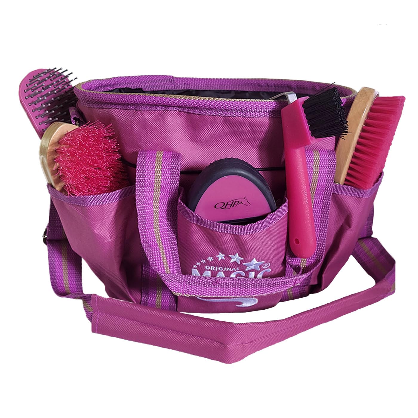 Covalliero/QHP Pferde Pflegeset mit Putztasche | 5-teiliges Putzset inkl. Kardätsche, Striegel, Mähnenbürste, Hufkratzer & Wurzelbürste