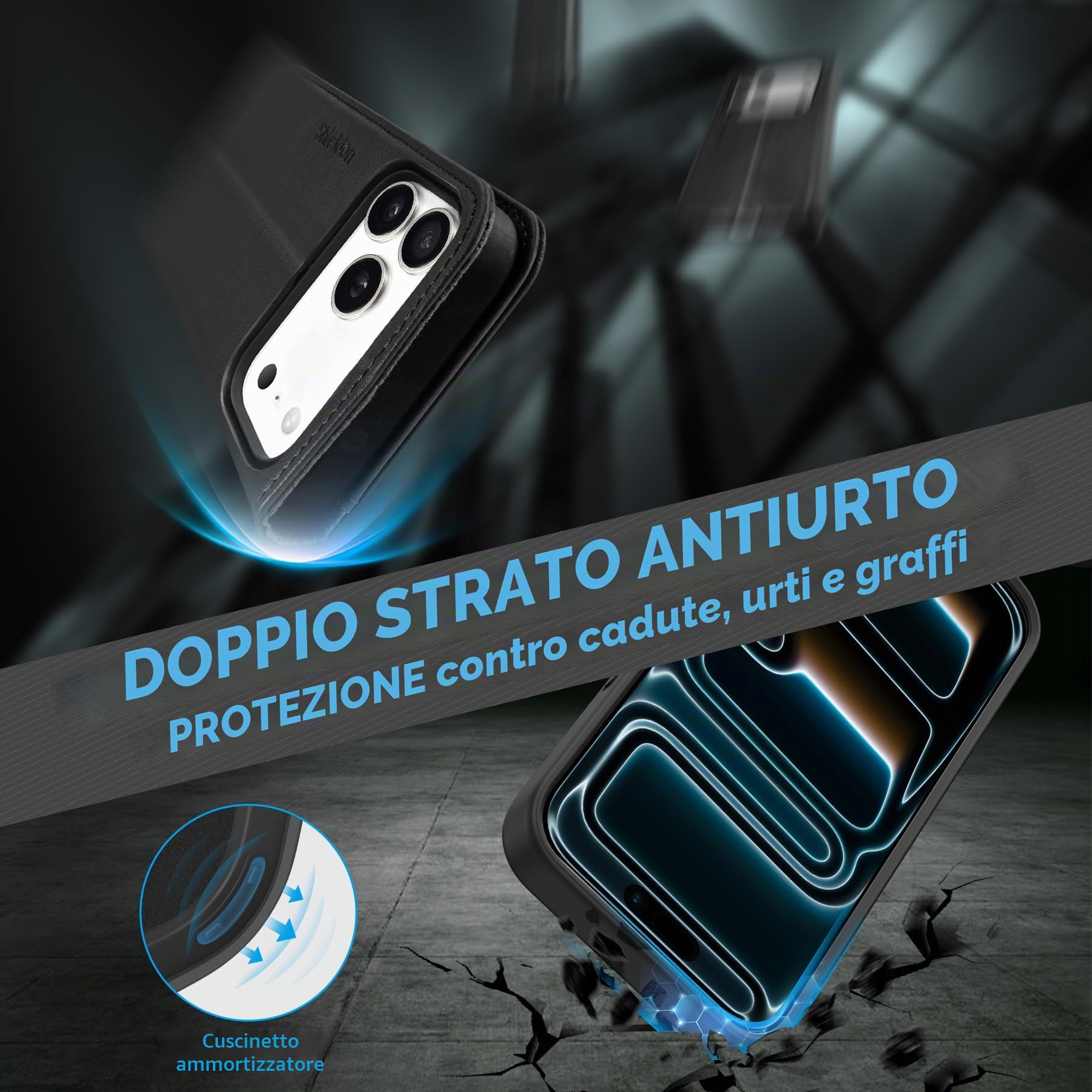 SHIELDON Custodia Vera Pelle per iPhone 17 Pro Max 6,9" 5G 2025, Nero