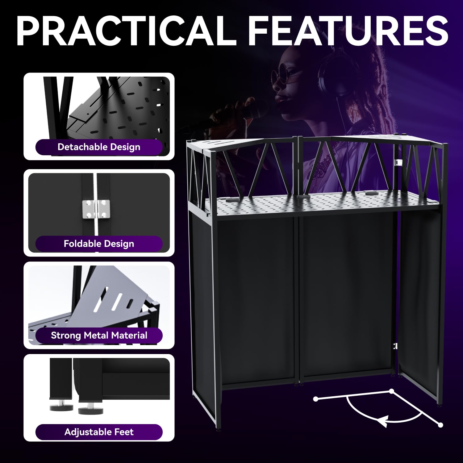 RDCMKL DJ Table Stand Portable booth, Foldable DJ Stand Booth, Heavy-Duty Adjustable Height DJ Facade Booth, Easy to Assemble, Stylish, Convenient to Store and Transpor