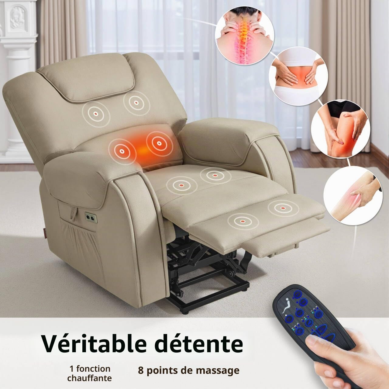 M MCombo Fauteuil TV avec Fonction releveur électrique, avec Massage et Chauffage, Fauteuil Relax avec Fonction inclinable jusqu'à 145°, Porte-gobelets cachés 7252 (Microfibre, Beige-Brun)