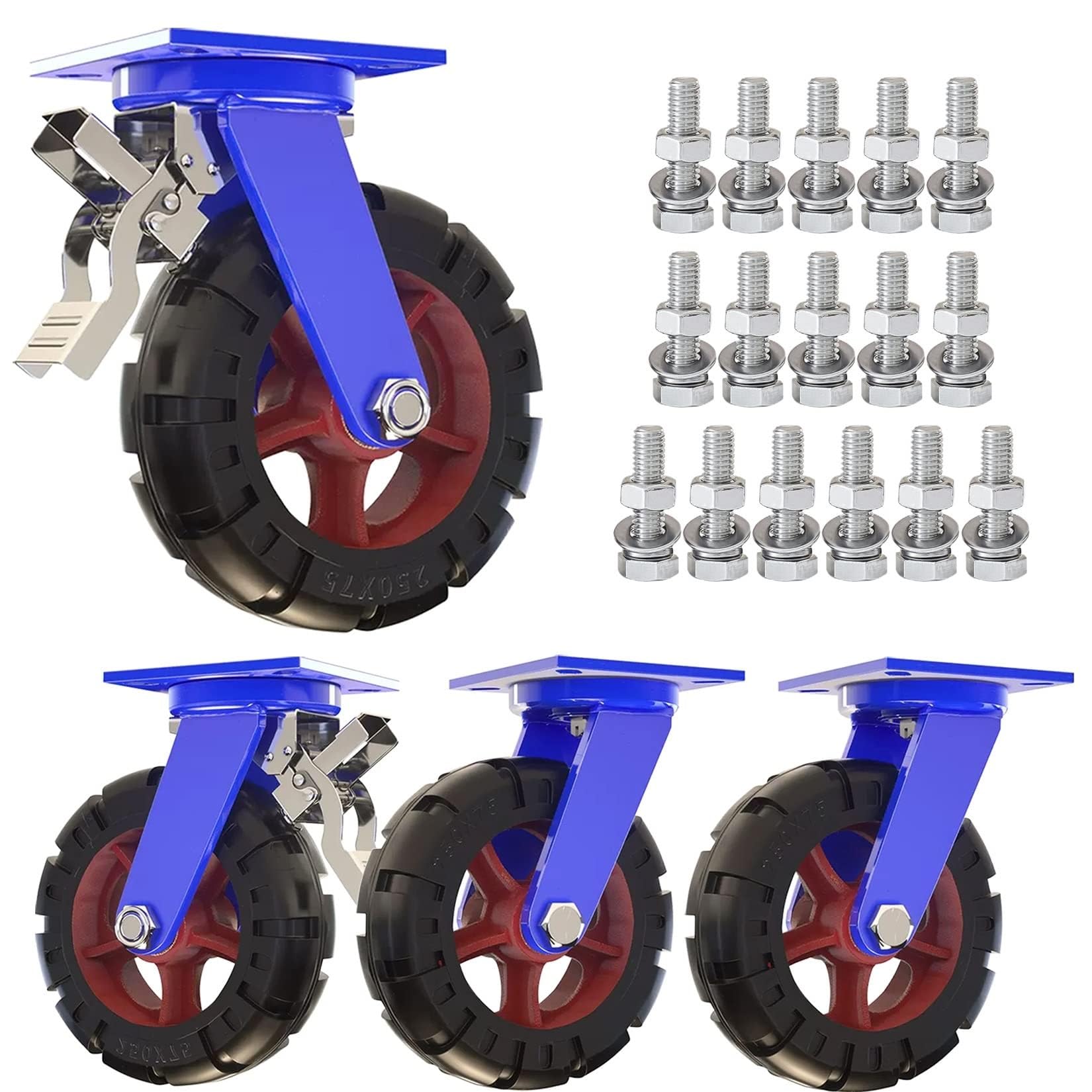 ZGUOUZANTYE Heavy Duty Industrial Swivel Caster Wheels Set Of 4 Solid Rubber Dual Locking Brakes 2000 Lbs Capacity(Swivel+brake,Ø250mm/10in)