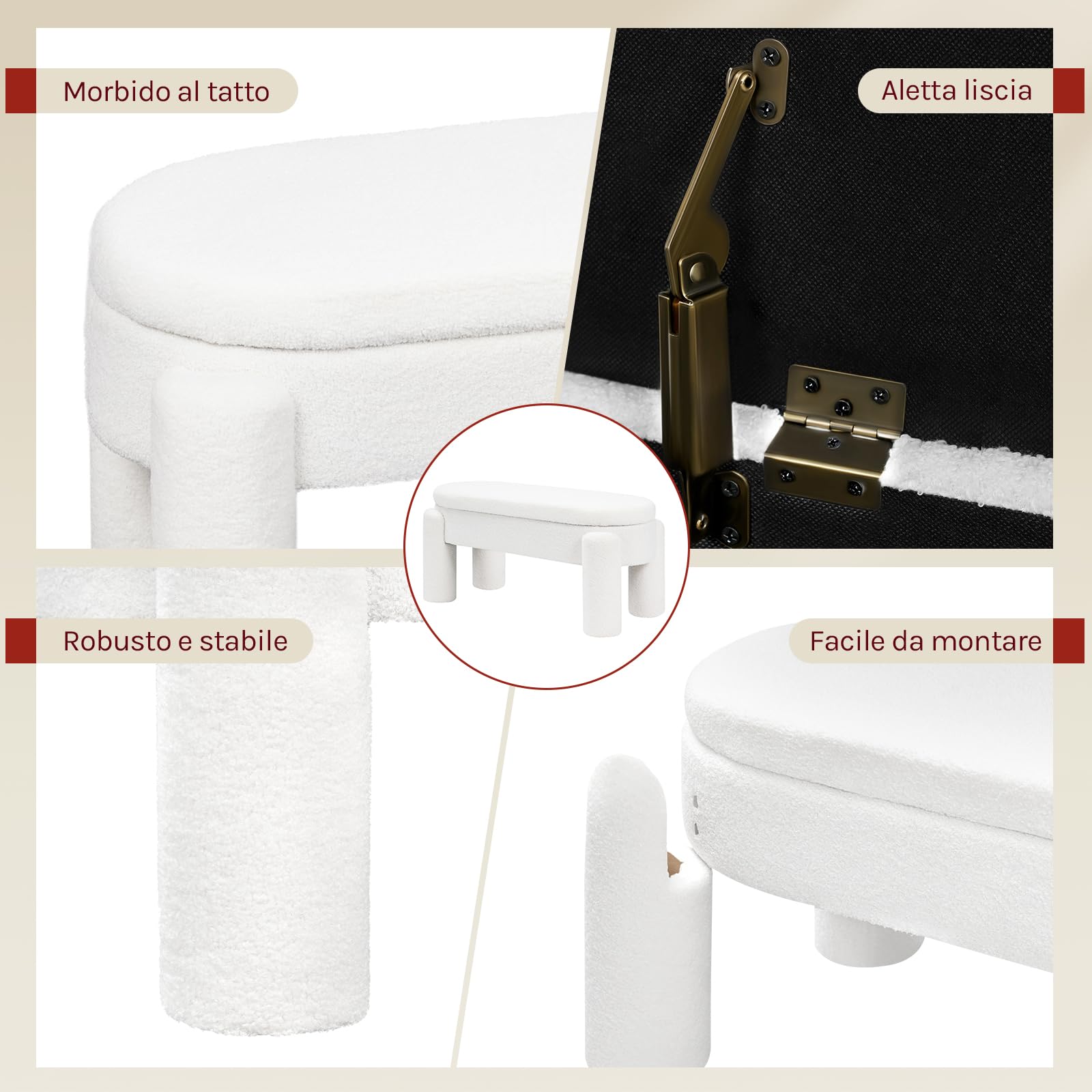 WOLTU Panca Contenitore, Panca Imbottita in Tessuto Teddy, 114x47x53 cm, Poggiapiedi Divano, per Camera da Letto, Soggiorno, Ingresso, Portata 250 kg, Moderno, Bianco