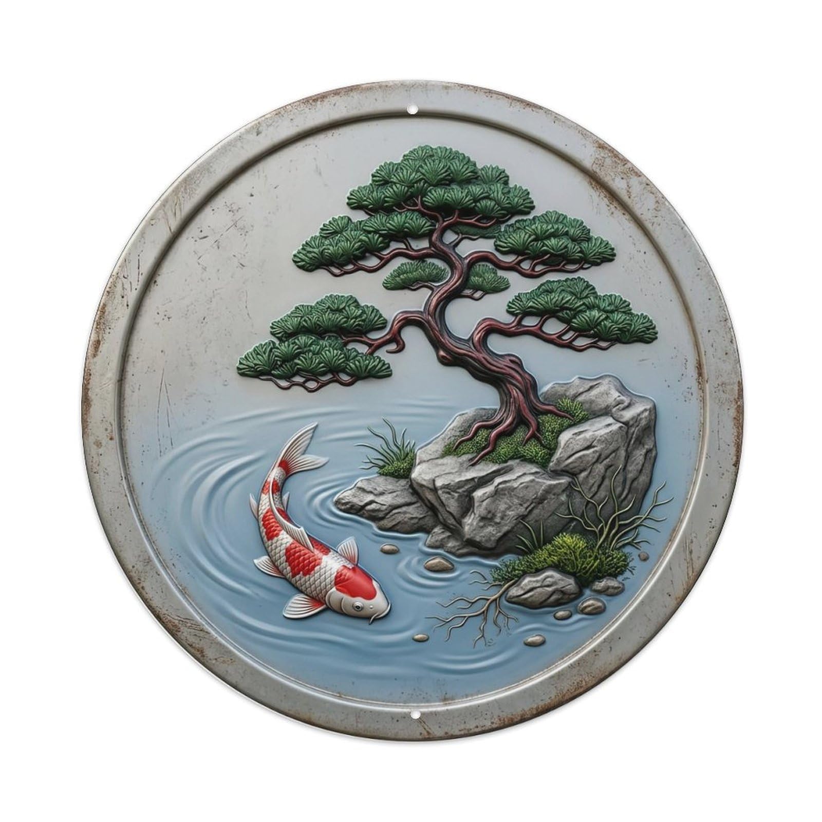 Bonsai Tree Harmony Koi Fish Metal Tin Sign Plaque Wall Decor for Cafe, Club, Garden Round Metal Poster 8x8Inch