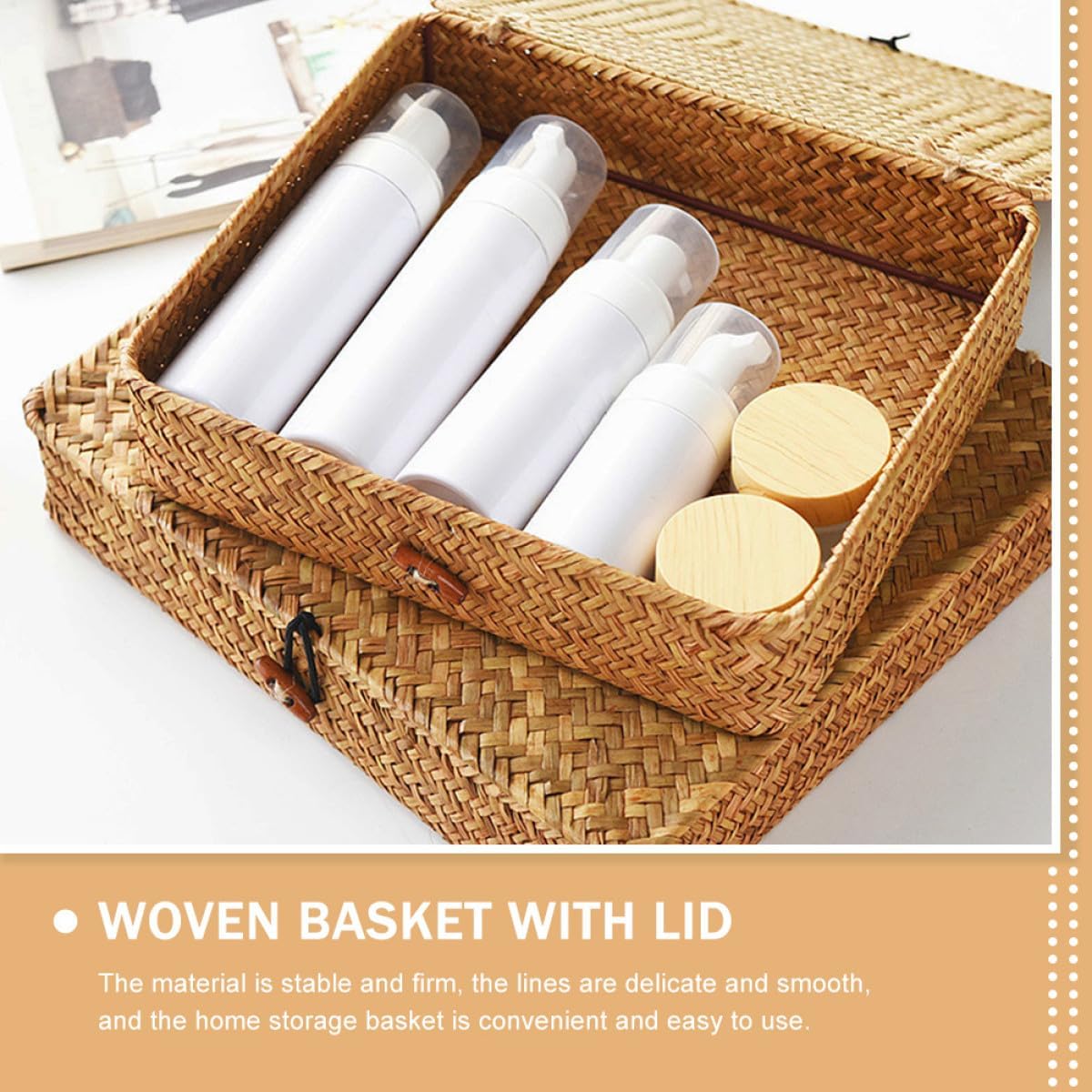 Artibetter Woven Storage Baskets with Lids 2pcs Sea Grass Flat Shelf Storage Bins for Home Organization