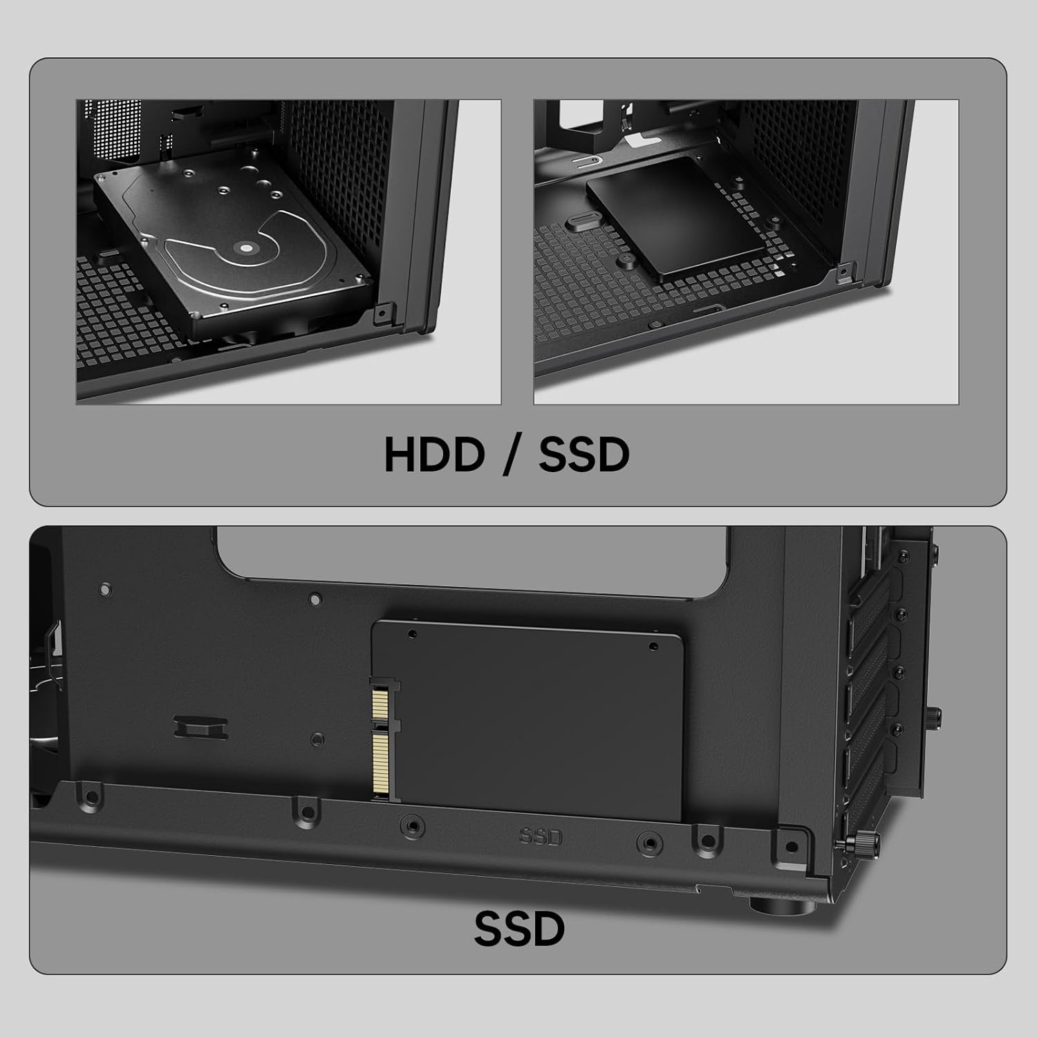 Vetroo M06 PC Case showing mounting locations for 3.5 inch HDDs and 2.5 inch SSDs.