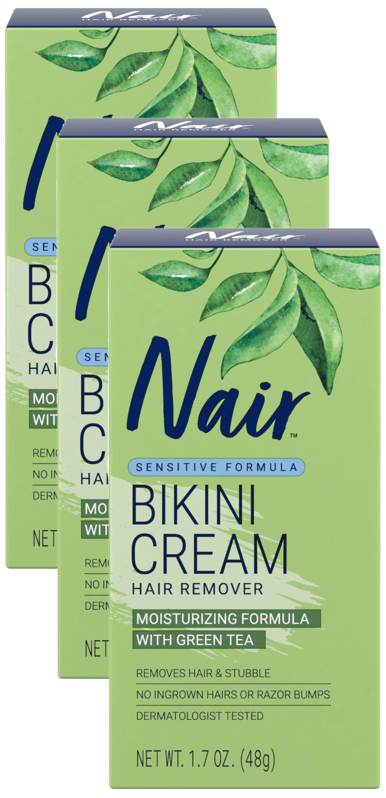 Nair Bikini Cream with Green Tea Sensitive Formula, 1.7 Ounce (Pack of 3)