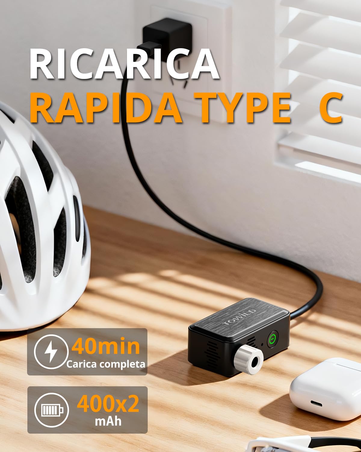 TOWILD A05 Pompa Elettrica per Bici, 130PSI Gonfiatore Ultra Compatto Portatile, 145g Leggero, Ricarica Veloce Type-C, Luce LED, Valvole Presta e Schrader per Bici da Strada e MTB