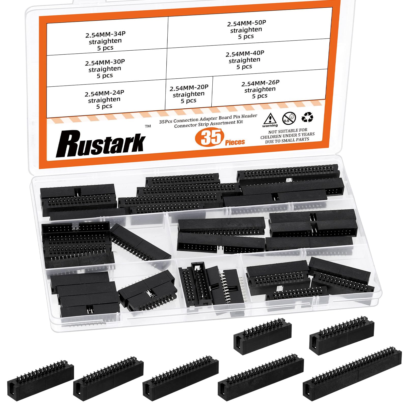Rustark 35Pcs 2.54MM 20-50Pin IDC Socket Box Header Straight Connector Assortment Kit Double Row Female Header Rectangular Terminal Connector Adapter for Flat Ribbon Cable