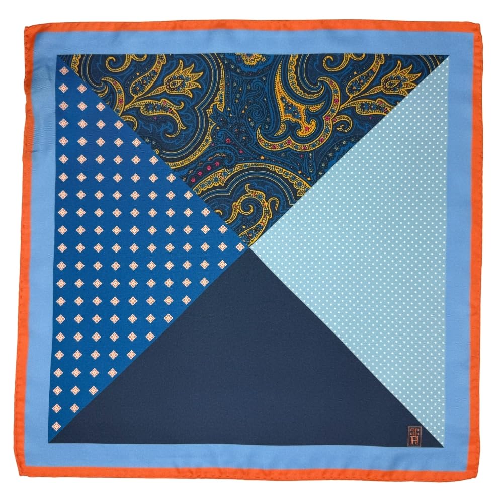 the tie hub Italian Multi-Pattern Silk Pocket Square in Navy Blue with Paisley, Polka, and Orange Border for Men-picture-20