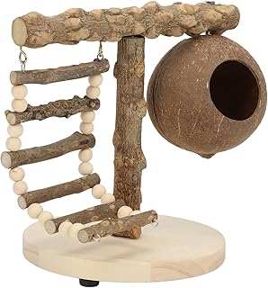 Hztyyier Stojak na ptaki, przenośny stojak na koszulkę dla ptaków, naturalny drewniany stojak na papugę okonie klatka zabawka z podstawą drabiną wspinaczkową i gniazdem muszli kokosowej