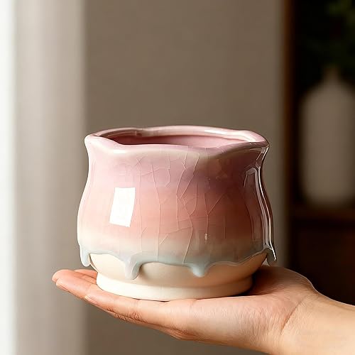 Miniatura 2 de Paquete de 6 macetas de cerámica para suculentas, 3.54 pulgadas de ancho x 3.35 pulgadas de alto, macetas de esmalte degradado para suculentas,