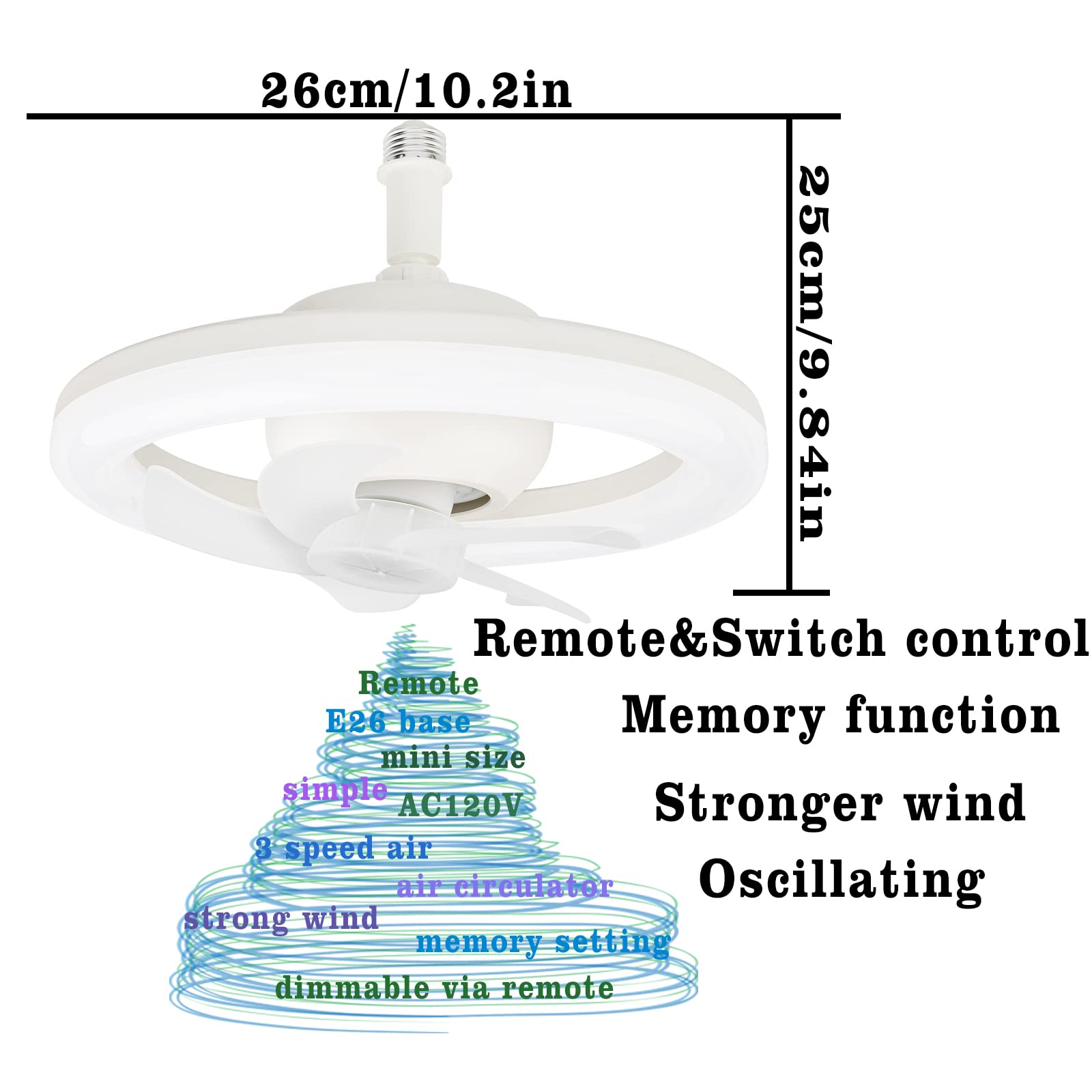 Mini ventilador de techo, base extensora E26, ventilador de techo LED de 10  pulgadas con bombilla, con función de memoria, 3 niveles de flujo de aire