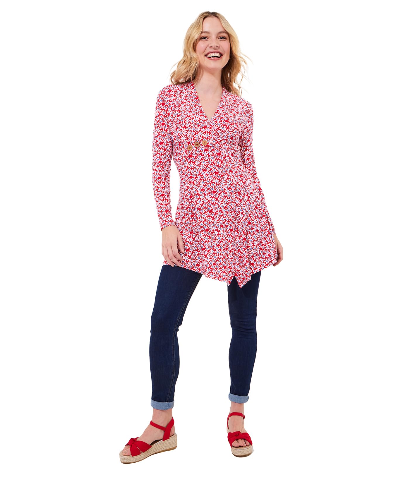 Joe Browns Women's Red Asymmetric Hem Floral Print Jersey Tunic Shirt, 12