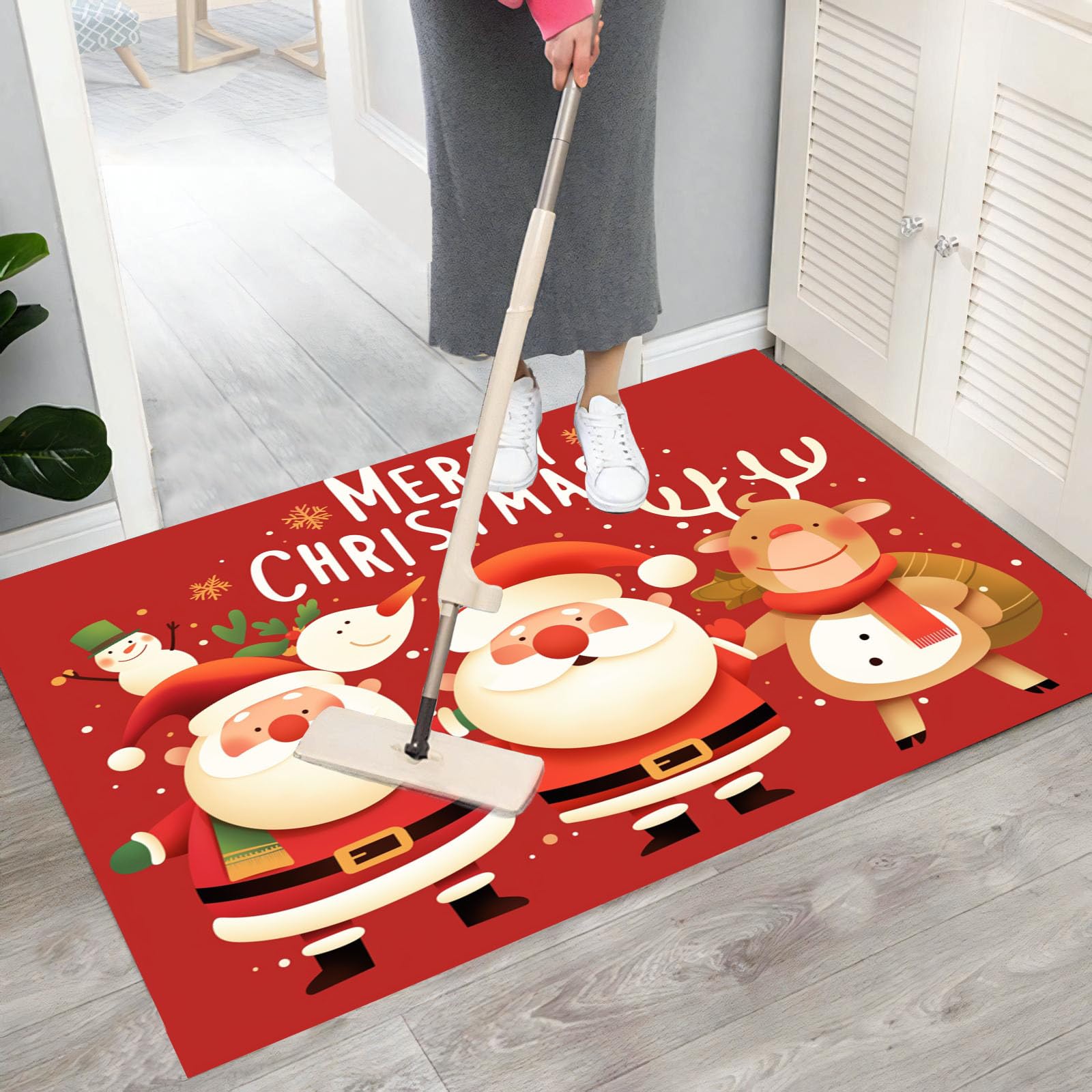 Felpudo de Dibujos Animados, Alfombra Papá Noel Reno para Entrada, Felpudo Entrada Casa 80x120cm, Alfombra de Puerta de Entrada, Lavables, Decorativo Casa, Rojo