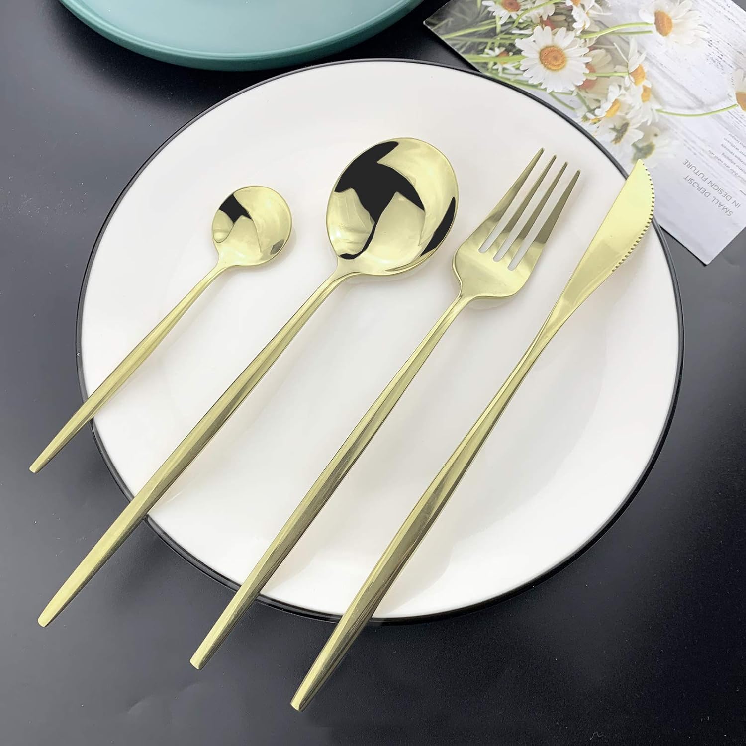 Silverware Set, Flatware Sets, Mirrored Stainless Steel Cutlery Set, 24 Piece Set, Service for 6 - Shiny Champagne Gold