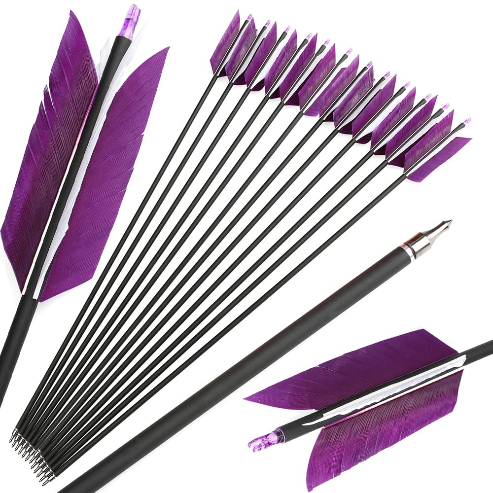 ZSHJGJR 30 Inch Archery Hunting Arrows Carbon Flu Flu Arrows Spine 500 Target Practice Arrows with 4pcs Turkey Feather Replaceable Arrowhead for Outdoor Hunting Shooting 6/12pcs (12, Purple & White)