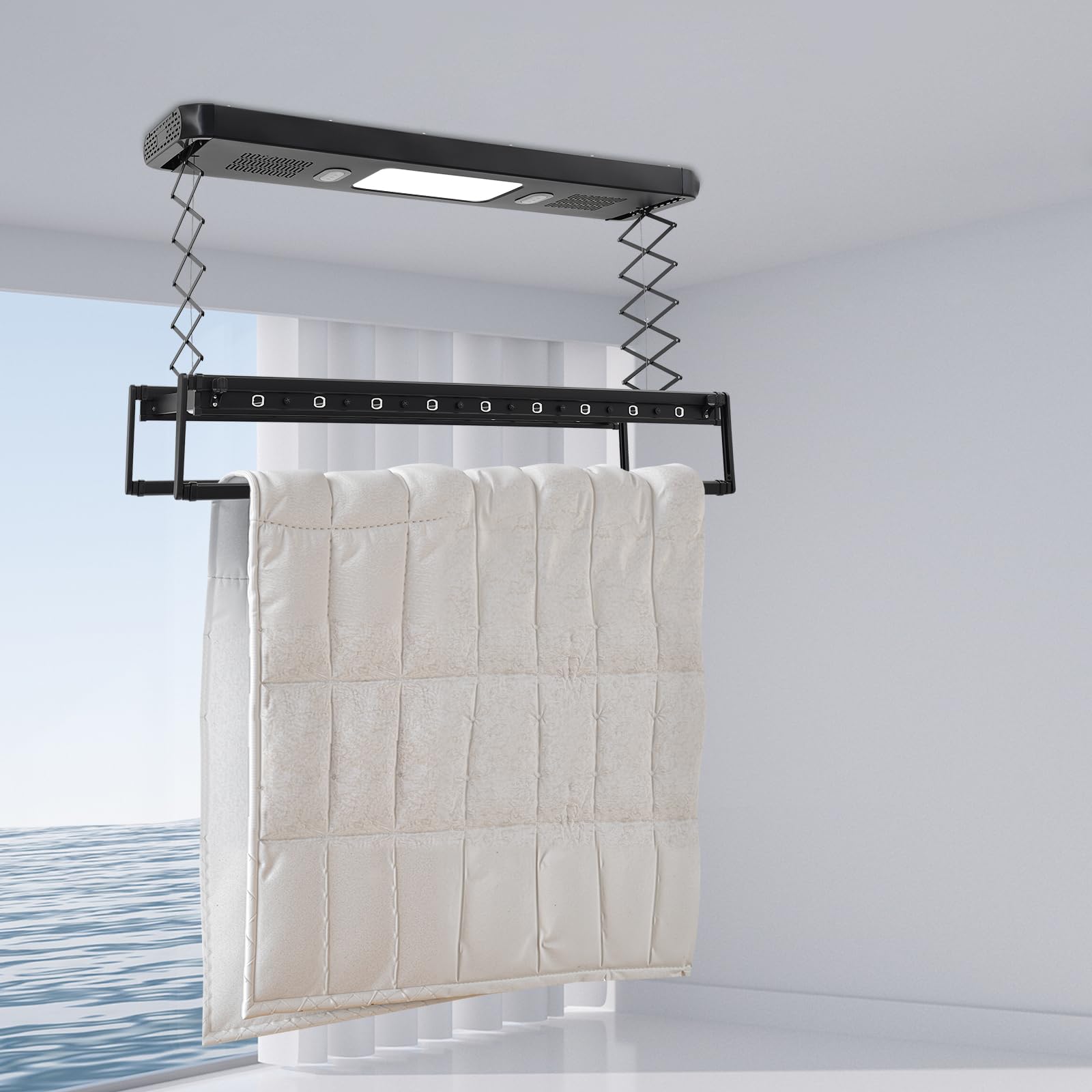 Stendibiancheria elettrica,Stendibiancheria sollevante con telecomando e illuminazione a LED, funzione di sterilizzazione e asciugatura a luce blu, lunghezza/altezza regolabile