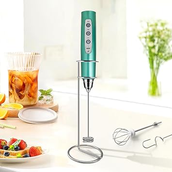 Sakgos Milk Frother with Stand-Rechargeable Handheld Coffee Frother with 3 Stainless Whisks 3 Speed Adjustable, Electric Whisk Drink Mixer, Foam Maker Blender for Matcha Latte Cappuccino Chocolate
