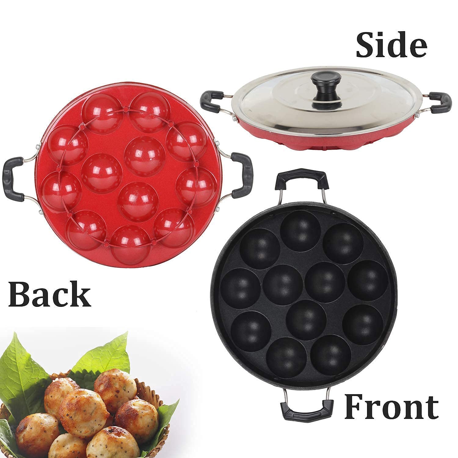 KD ZONE 12 Cavities Non Stick Appam Patra with Lid and Side Handle/kulipaniyaram pan nonstick/appe/aapee ka Sacha/panniyaram kadai/Paniyarrakal/Paniyaram/Appam Pan/Appam Maker/litti (Combo Offer) 3