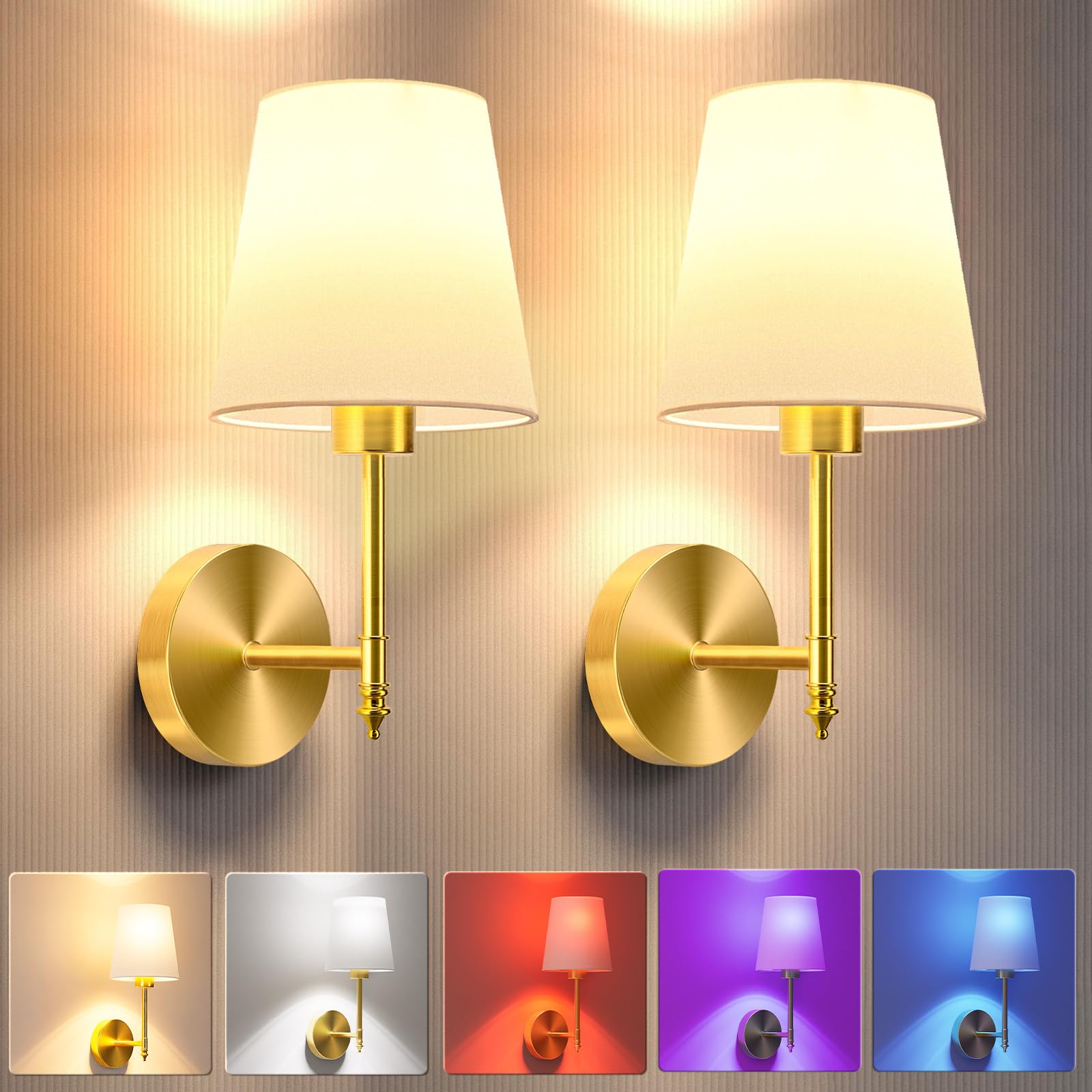 Wall Lights Battery Operated Wall Sconces Set of 2,Gold Wireless Wall Sconces with Remote,9 Colors Modes Rechargeable Wall lamp for Bedroom Living Room (Gold, 14.5 inch)