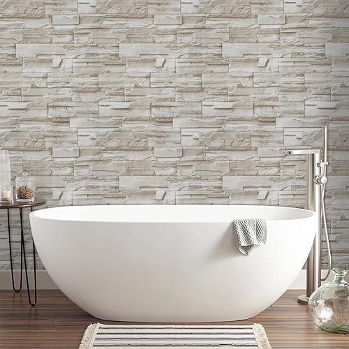 Miniatura 6 de ConCus-T Papel tapiz de ladrillos de contacto de piedra de 17.71 x 236.22 pulgadas, papel tapiz autoadhesivo de ladrillos de piedra sintética para