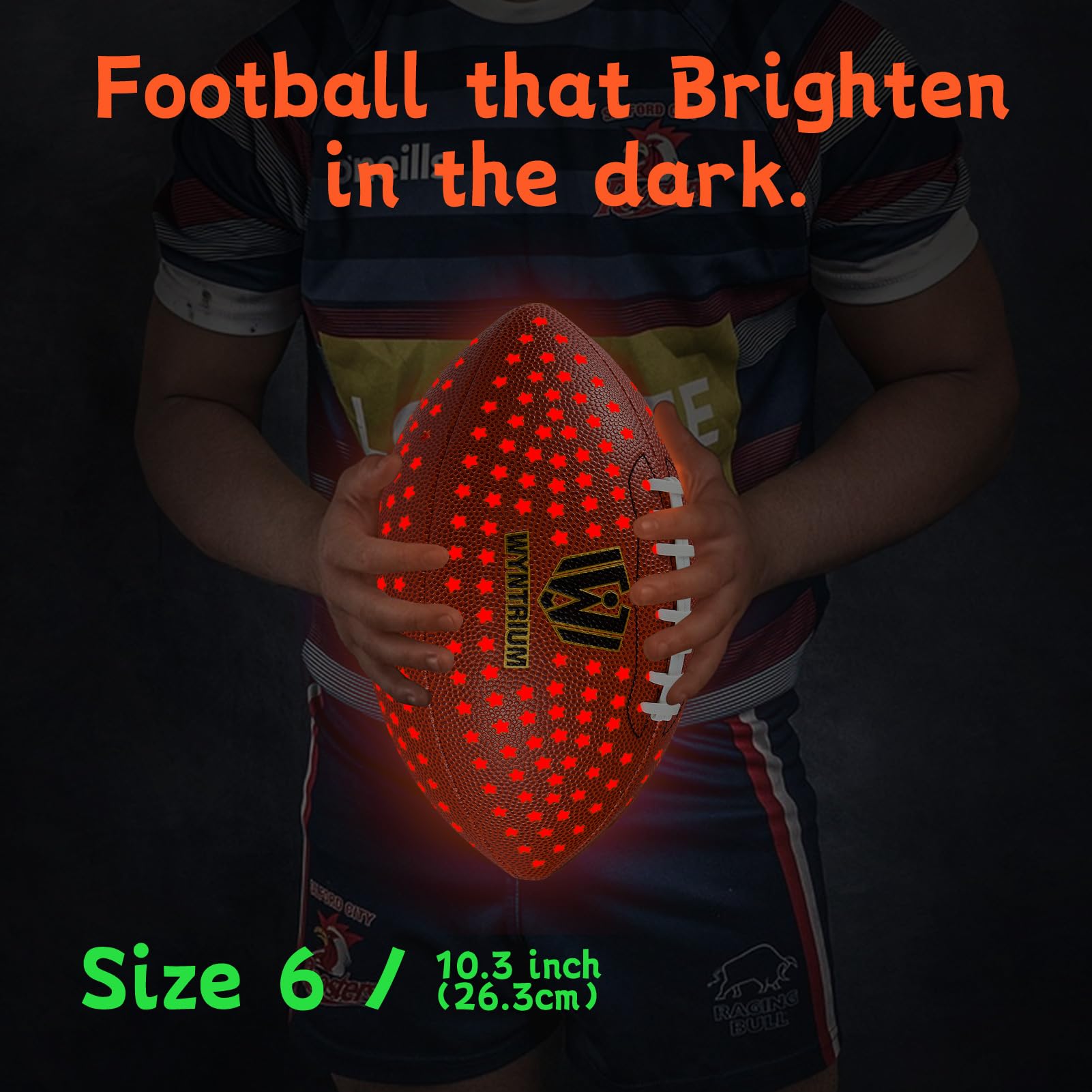 WYNTRIUM Glow in The Dark Football, Light Up Fooball, LED Leather Football with Air Pump, Perfect for Evening Play, Camping and Beach Fun, Size 6, Brown