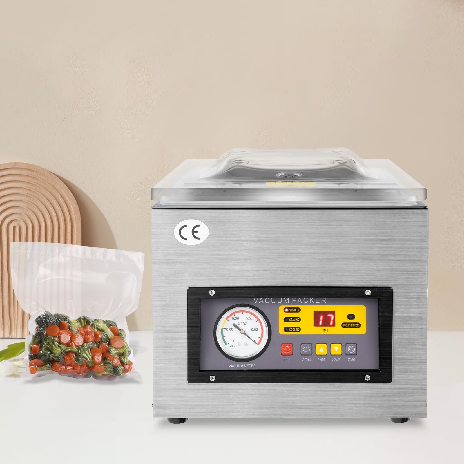 Tisch Edelstahl Vakuummaschine Profi Vakuumierer VakuumiergeräT 120 W Vakuumiergerät 3-in-1 Kammervakuumierer für feuchte Lebensmittel Fleisch Marinaden usw.