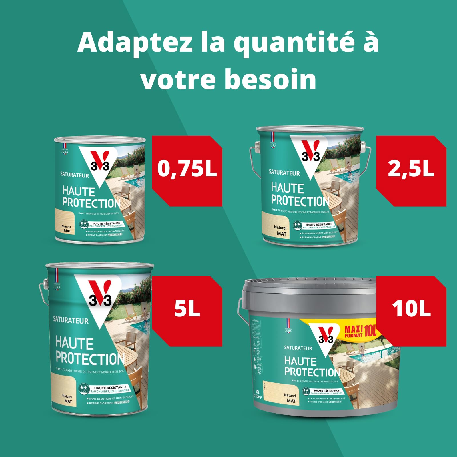 V33 Saturateur bois extérieur Naturel mat 5L - Haute résistance eau chlorée, UV et graisse - Sans essuyage et non glissant