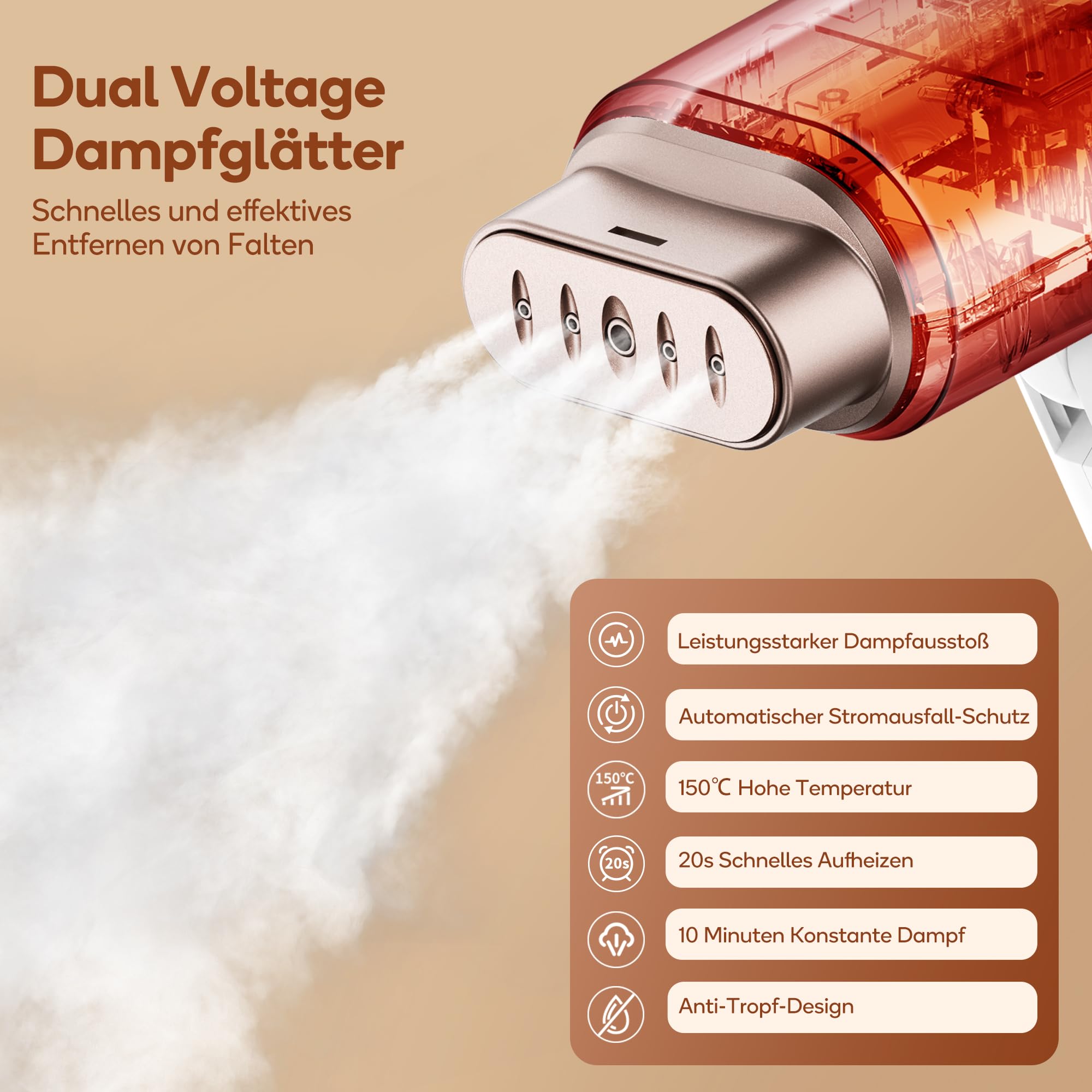 Newbealer Steamer Reise Dampfglätter, 2-in-1 Reisebügeleisen mit umschaltbarer Spannung - 220V/120V, 20s Schnelles Aufheizen, 1200W Klein & Leicht Dampfglätter für Globale Reise und Urlaub, Weiß