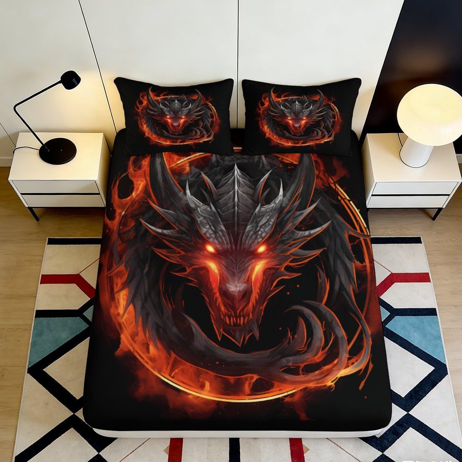 Jqzkxnhpbr Style-4 3D Printed Fire Dragon Fitted Sheet Microfiber Black Red Art Mattress Cover For Bedroom Dorm Decor Protection 90X200x25cm