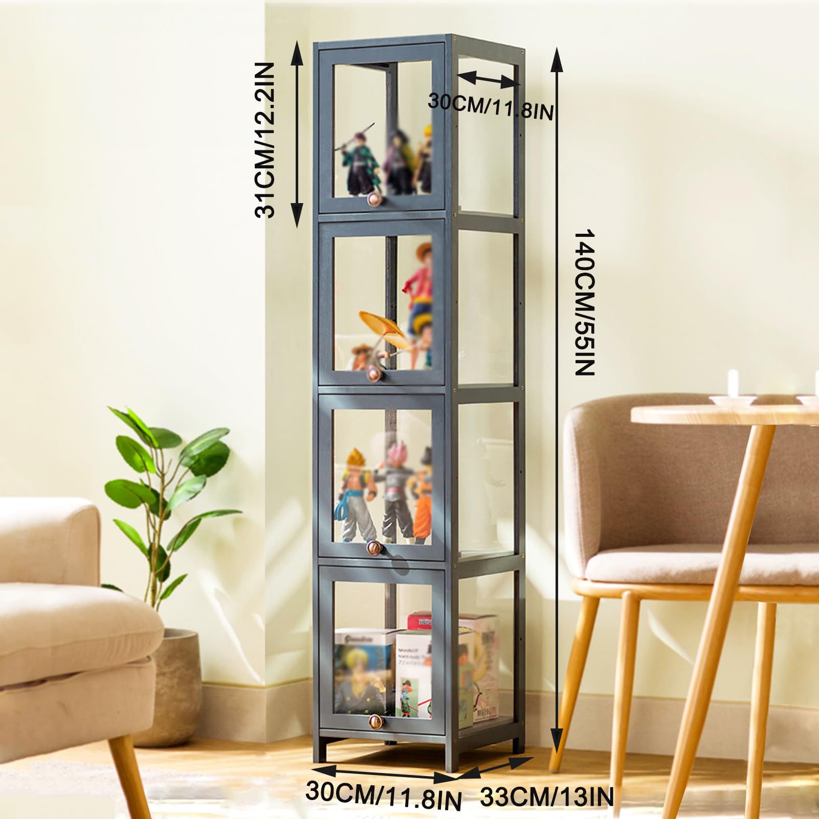 Vetrina Alta a 5 Livelli, a Prova di Polvere, con Porta in Acrilico Trasparente, Vetrinetta per Espositori con Porta a Ribalta per Soggiorno, Camera da Letto, Ufficio,30×140cm/11.8×55in