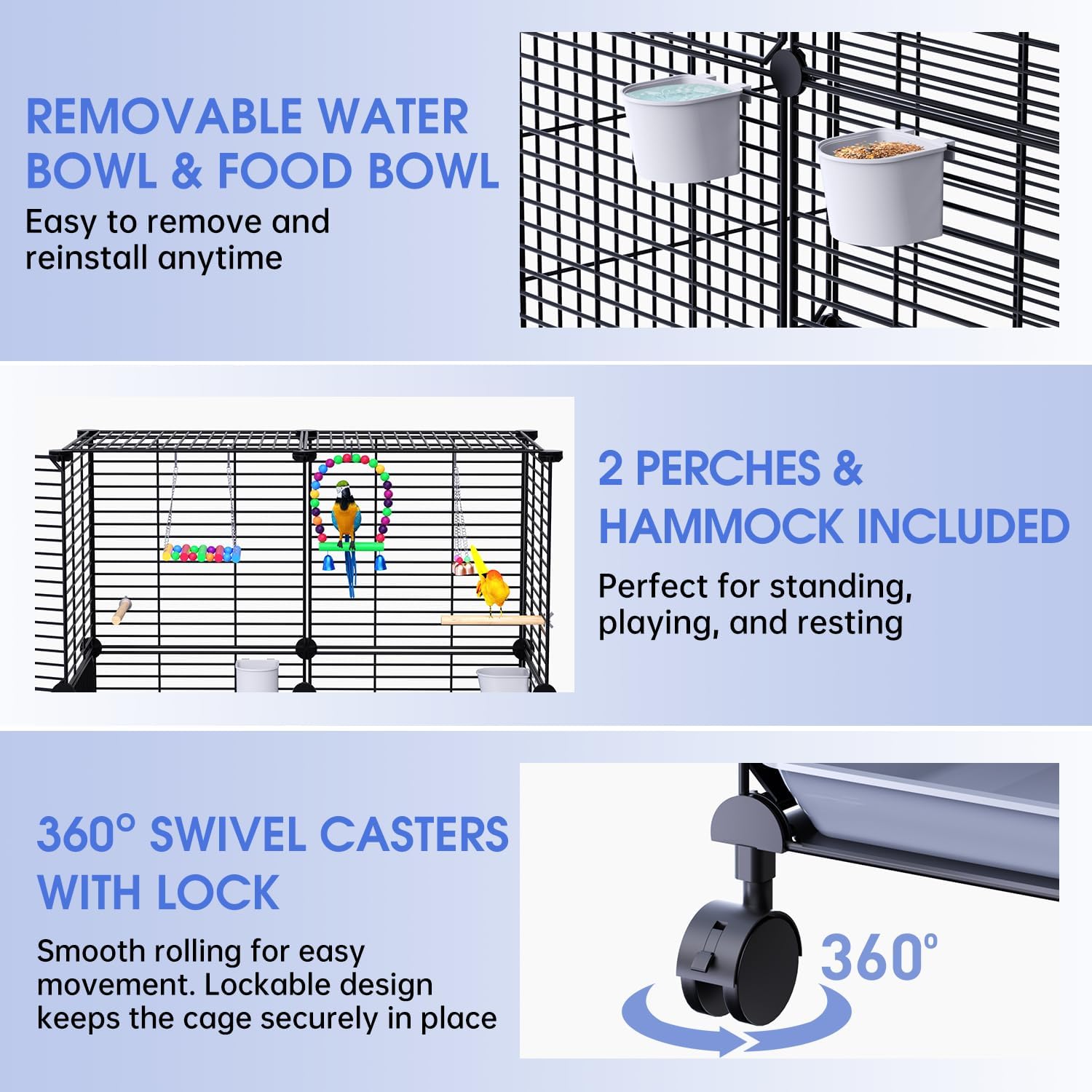 Flight Bird Cage with Wheels, 46-Inch Metal Parakeet Cage with Slide-Out Trays, Perches, Bowls & Bird Toys, Indoor Bird Cage for Cockatiel, Budgie, Lovebird, Finch & Small Birds