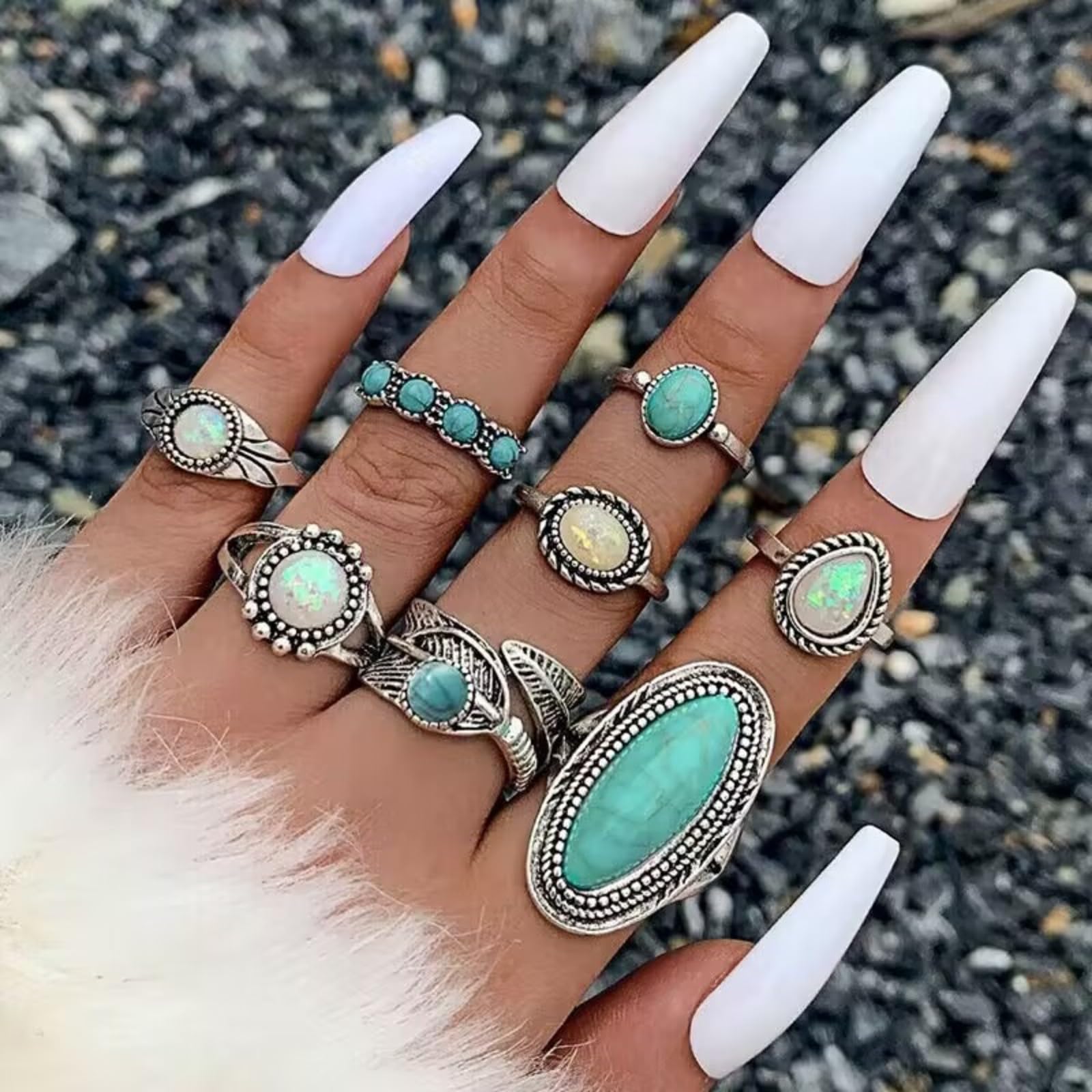 Juego de 8 anillos bohemios para nudillos para mujer, anillo de dedo turquesa ovalado vintage, ópalo, piedras preciosas, lágrima, midi, paquete de anillos punk, hoja punk, joyería diaria 4
