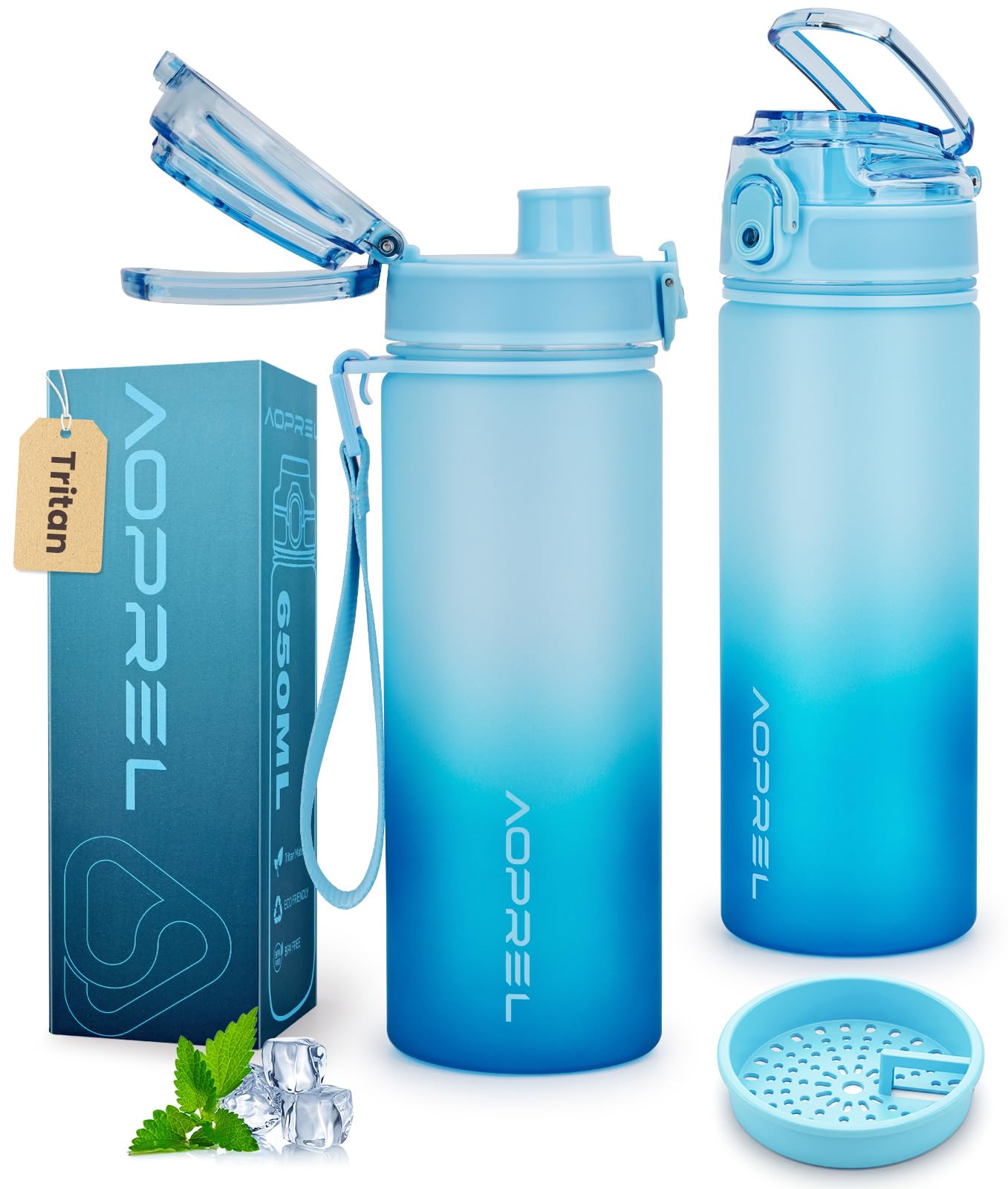 Aoprel Sky Blue Leakproof Water Bottle 1L/650Ml With Time Marker, Bpa-Free Tritan