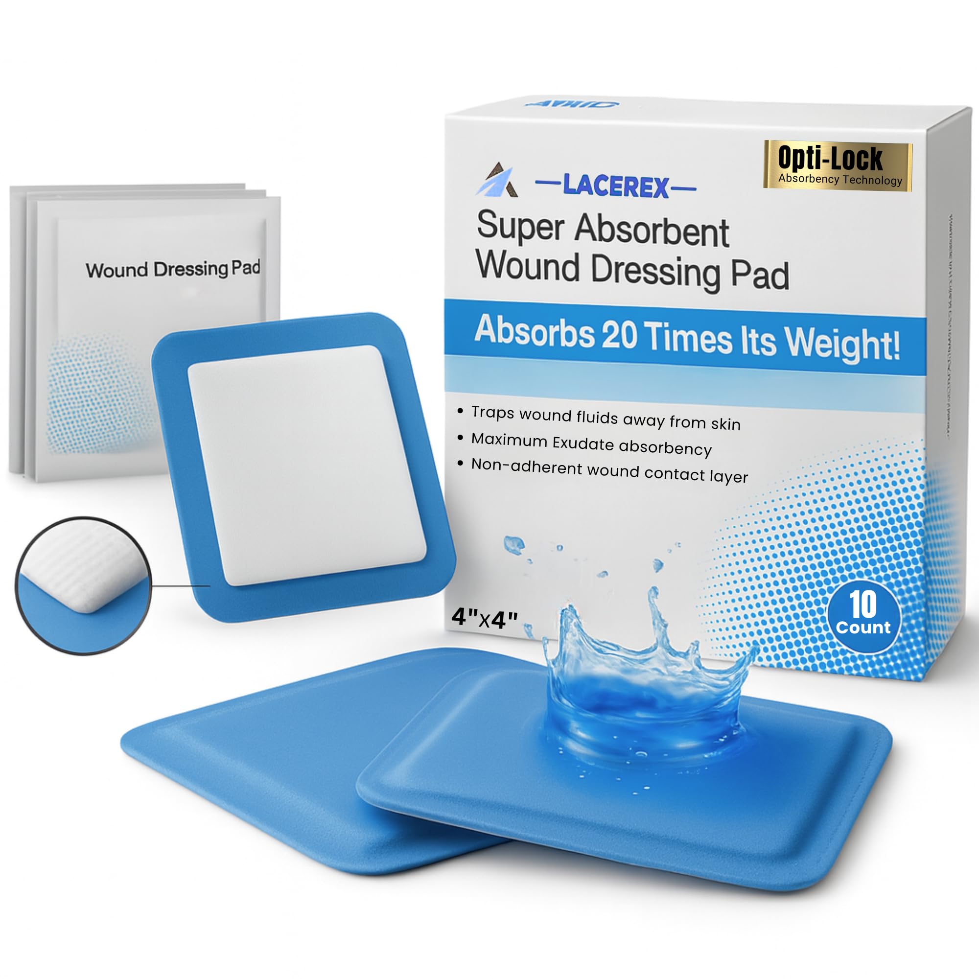 AWD Super Absorbent Wound Non Stick Gauze Pads - Non-Adhesive Bandages for Wounds - 4x4 Gauze Pads, Large Bandages for 1st and 2nd Degree Burns - Wound Care Products, Box of 10 (4"x4")