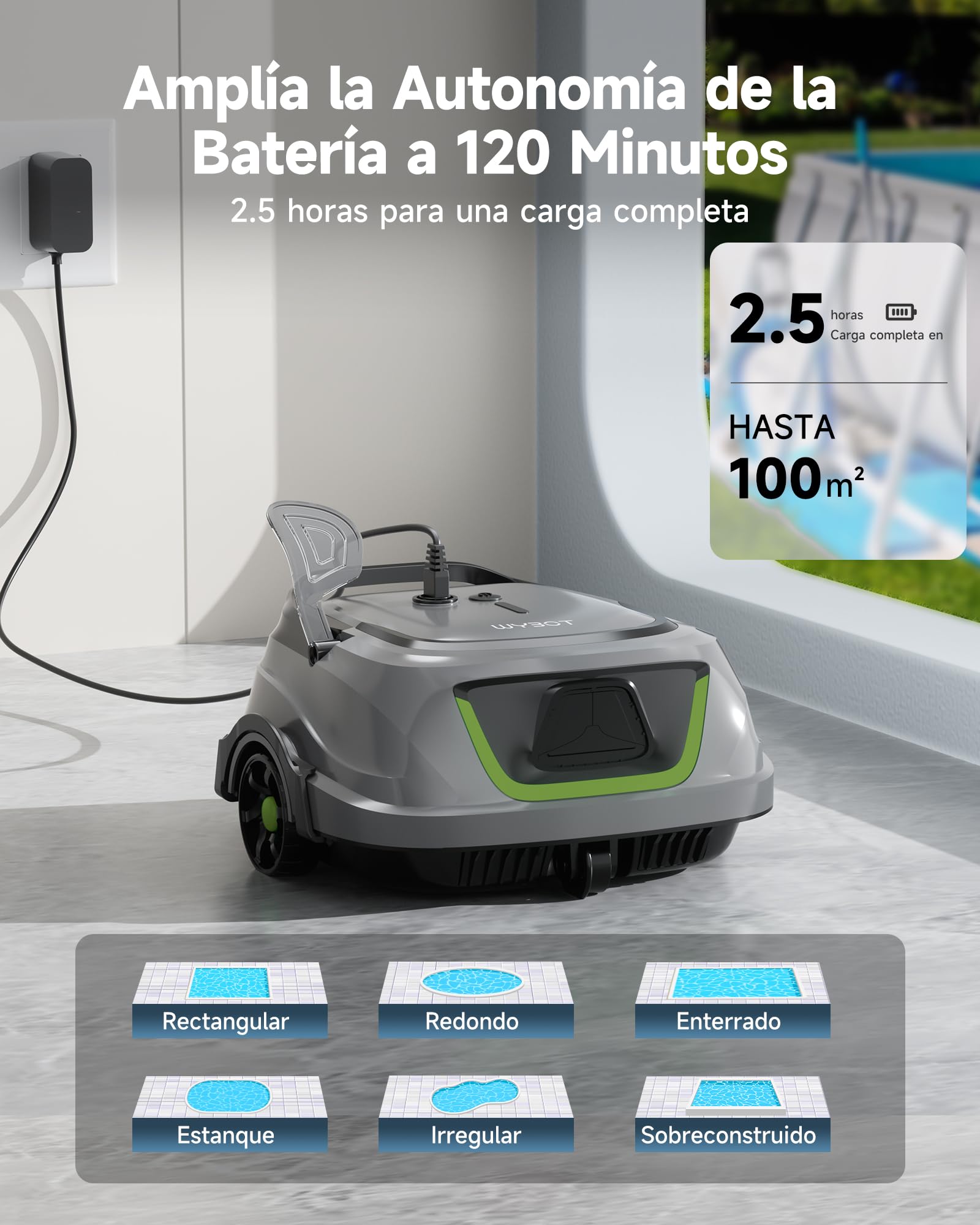 WYBOT A1/OS2010 Robot Piscina Inteligente, Doble Filtración, Autonomía 120 Min, Limpiafondos Piscina Potente Inalámbrico para sobre Suelo Y Planas, Elimina Residuos, Auto-Estacionamiento,Verde Salvia