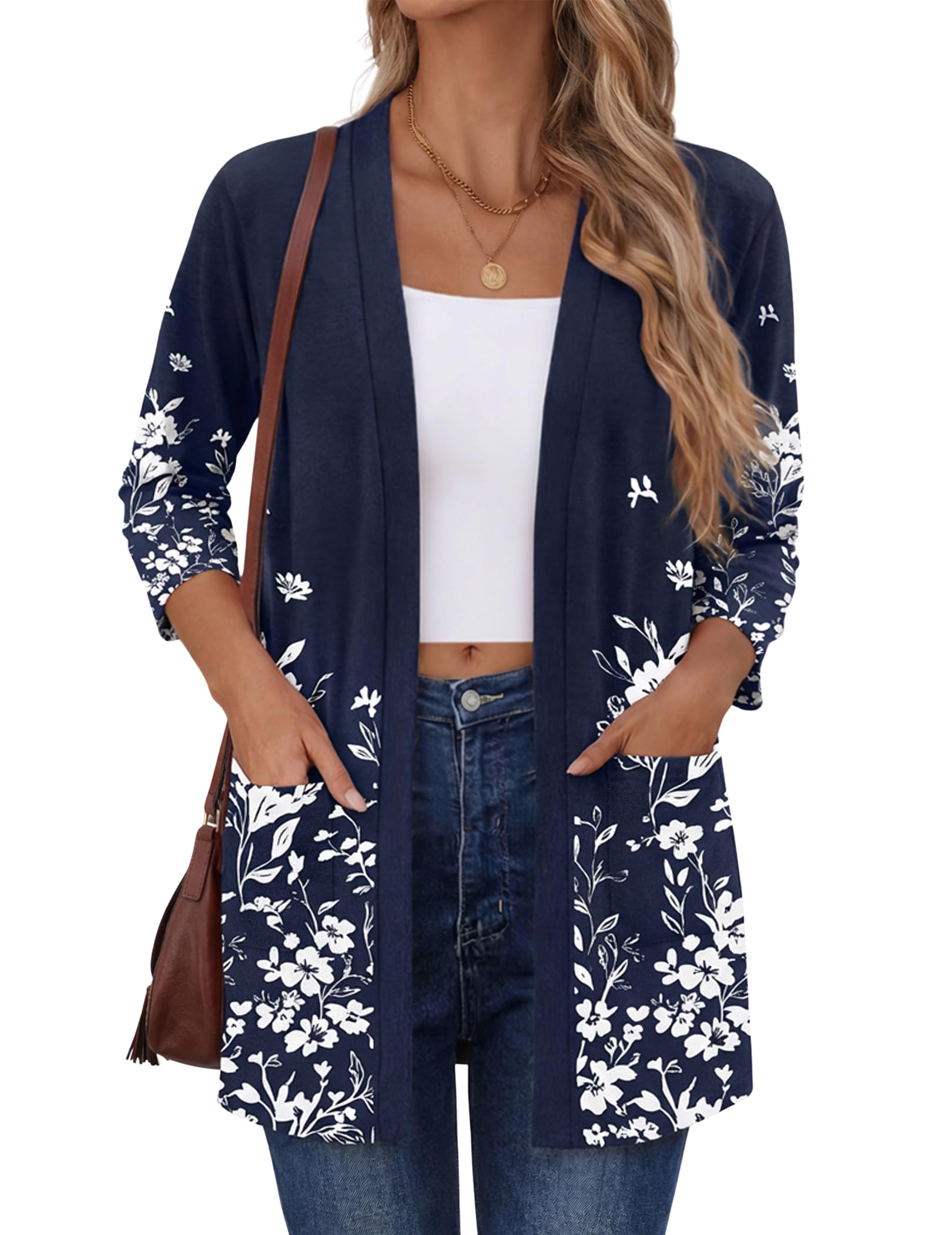 zeagoo Women's Casual Lightweight Cardigan 3/4 Sleeve Open Front Loose Thin Cardigans with Pockets-picture-34