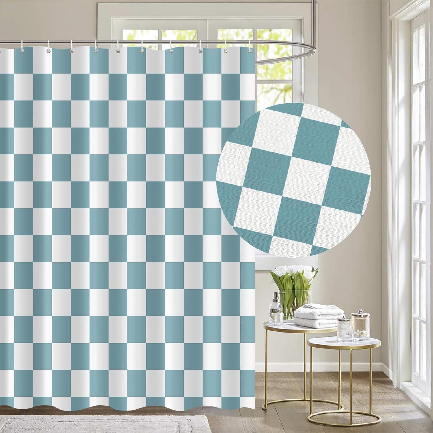 Tititex Aesthetic Checkerboard Grid Pattern Faux Linen Fabric Shower Curtain, White Sky Baby Blue Modern Shower Curtain Sets Decoration 71x71 Inch with 12 Hooks