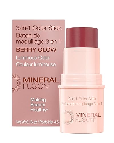 Mineral Fusion 3-in-1 Color Stick - Hydrating Tinted Cream Blush for Cheeks, Lip and Eye - Natural Multi Use Makeup (Berry Glow)