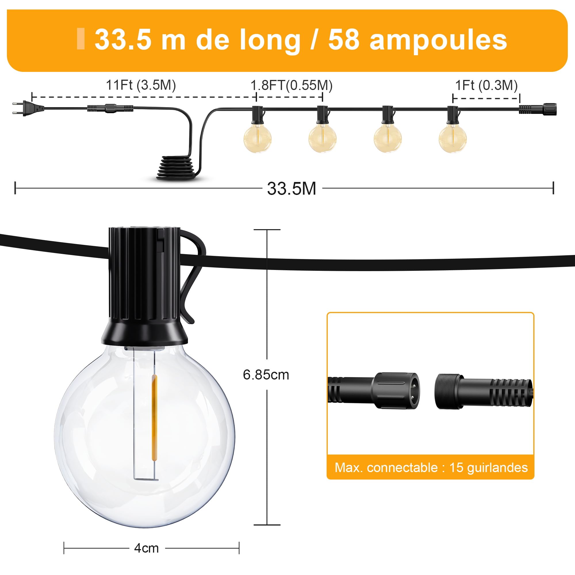 Guirlande Lumineuse Guinguette Exterieur 33.5M G40 110FT 56+2 LED IP54 Imperméable Connectable