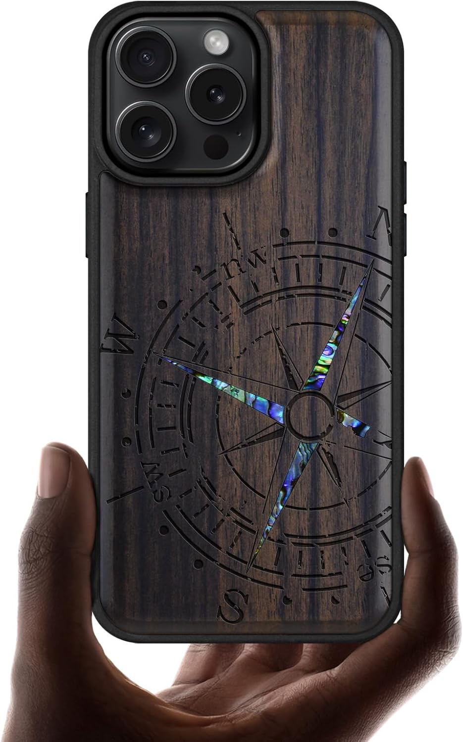 Carveit Magnetic Case for iPhone 16 Pro Max Case, Wood Artisan Engraved & Handmade Shell Inlaid, TPU Shockproof Cover, Compatible with MagSafe Wireless Chargers (Incomplete Compass) Blackwood