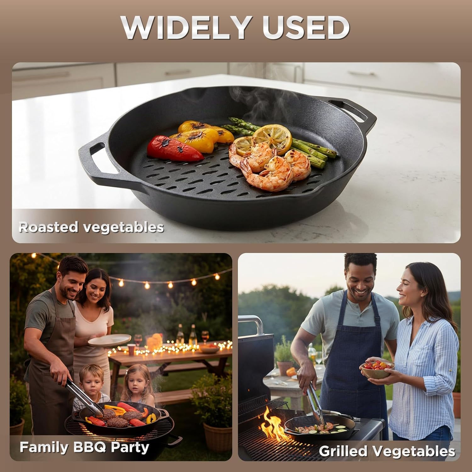 LemonRoad 2 Pcs Pre-seasoned Cast Iron Round Grilling Pan 12 Inch Cast Iron Round Grilling Topper Pan with Dual Handle to Protect Food from Falling Through The Grate Suit for Indoor and Outdoor