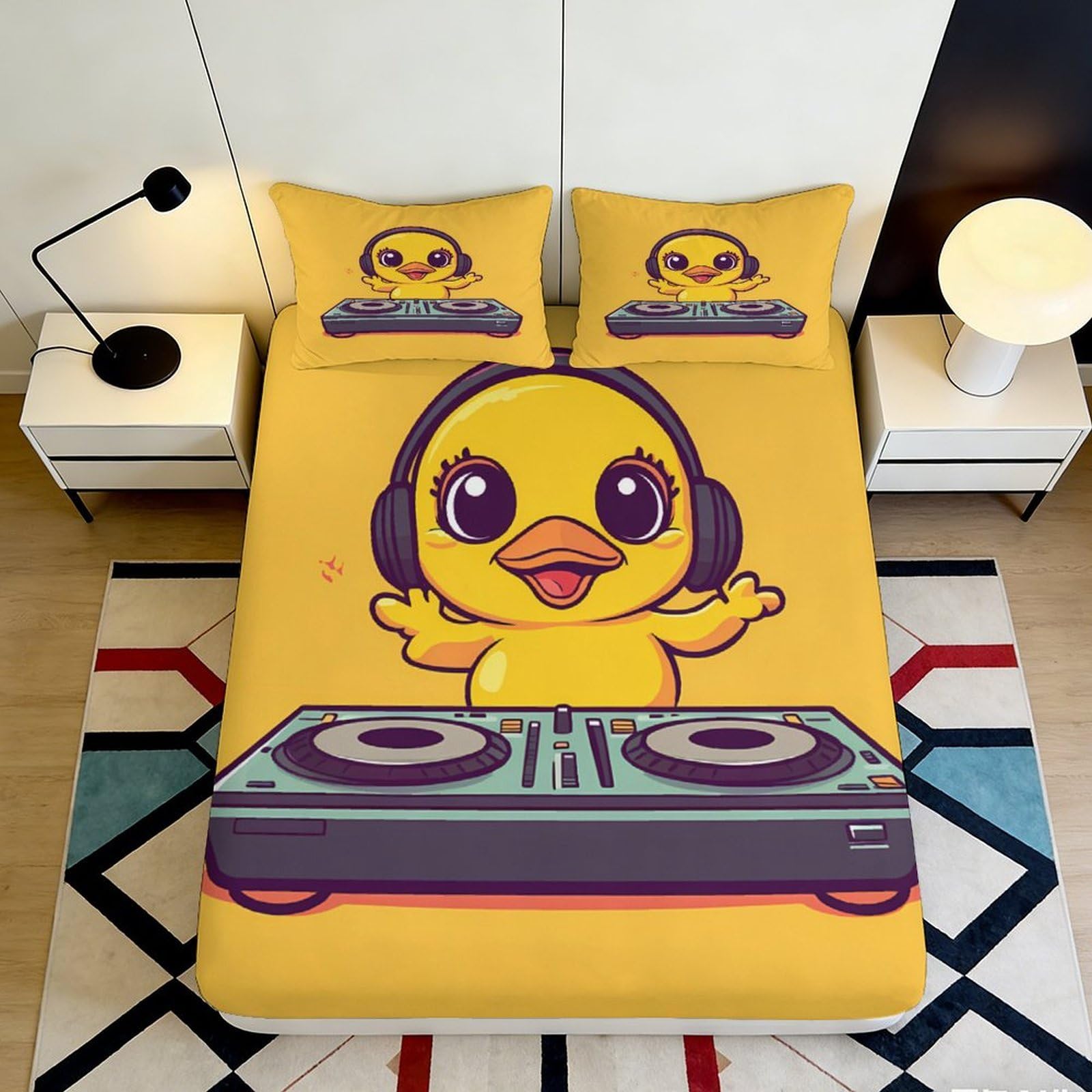 3D Printed DJ Duck Fitted Sheet Microfiber Soft Yellow Cartoon Headphone Bed Cover for Bedroom Dorm Easy Care 90x200x25cm