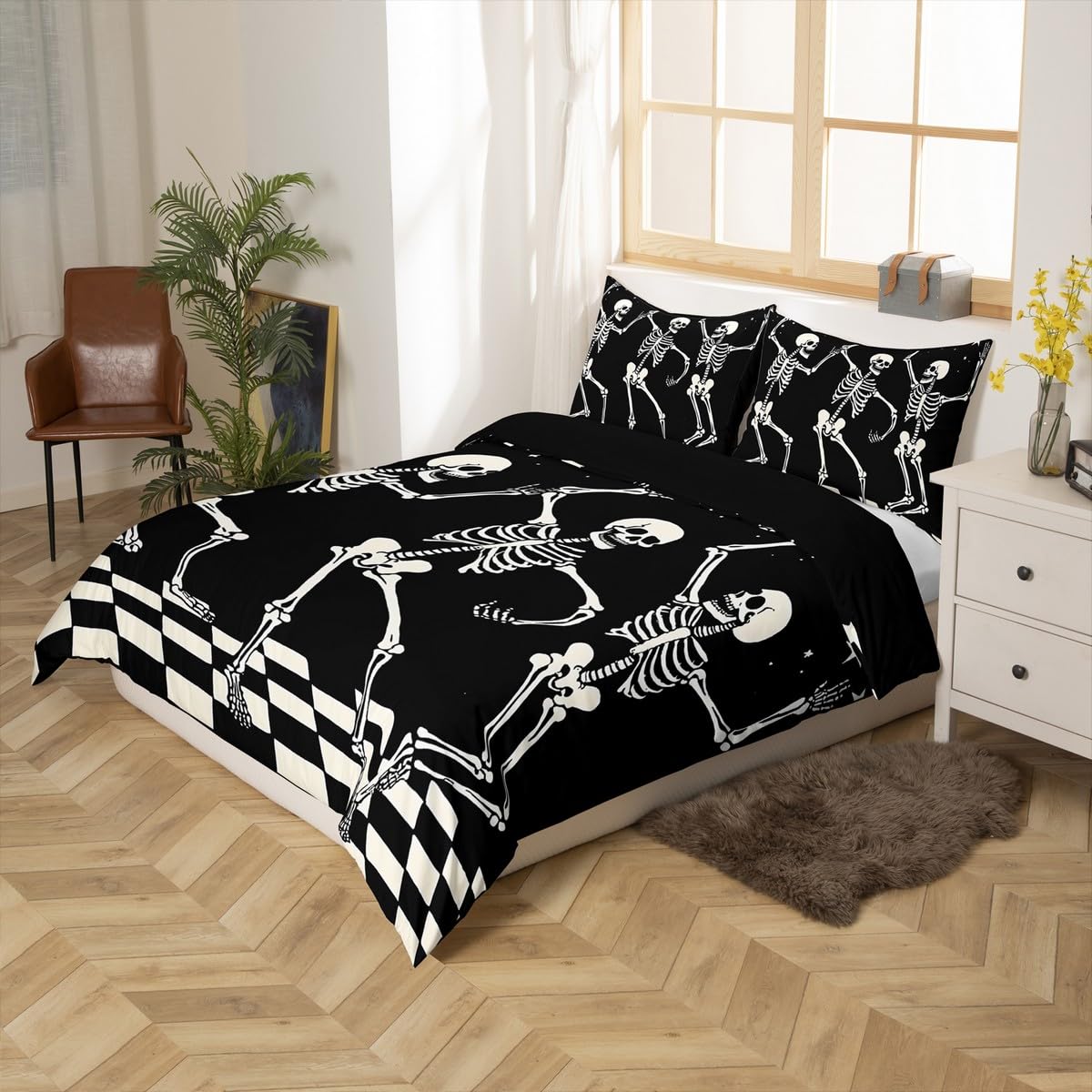 Homewish Gotycka czaszka poszewka na kołdrę podwójna cukrowa czaszka kości poszewka na kołdrę, gotycki zestaw pościeli na Halloween, patchworkowa poszewka na kołdrę zestawy pościeli