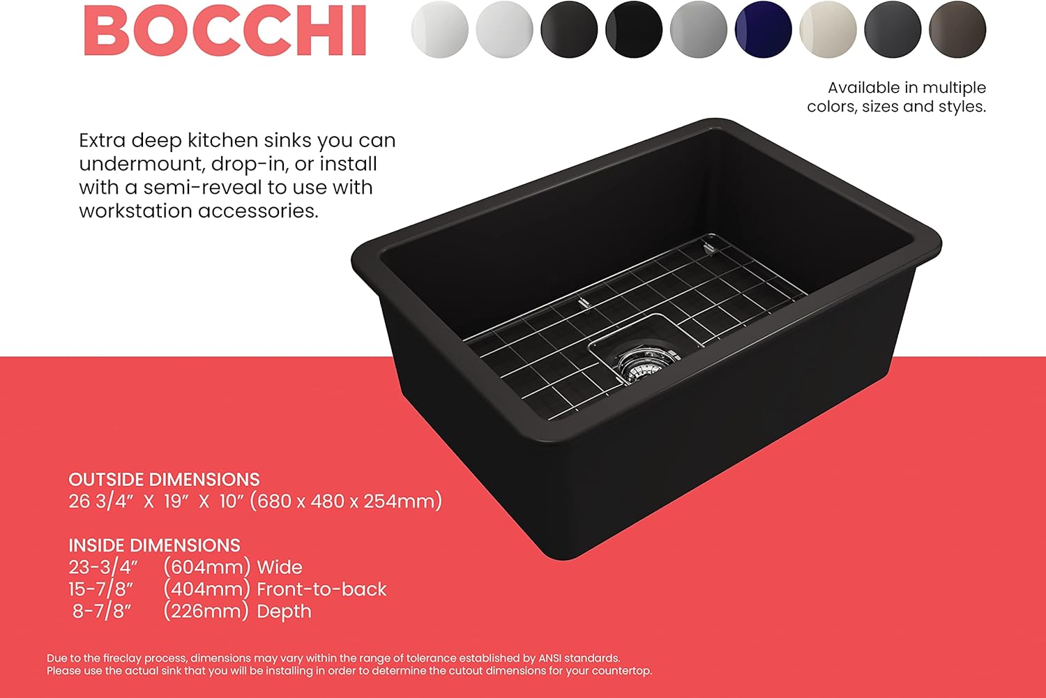 BOCCHI Sotto Dual-Mount Fireclay 27 in. Single Bowl Kitchen Sink with Protective Bottom Grid and Strainer in Black