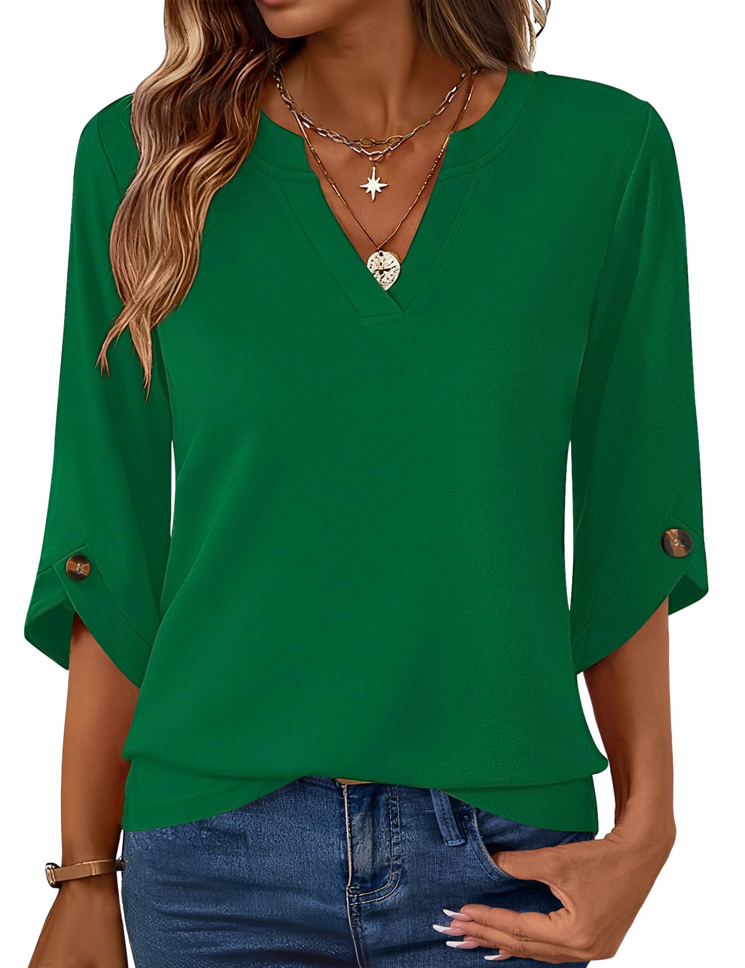 Rapbin Bluse Damen 3/4 Arm Langerm Oberteil Shirt 2026 Sommer Elegant Top Oberteile V Ausschnitt Blusen Lässig Locker Tunika
