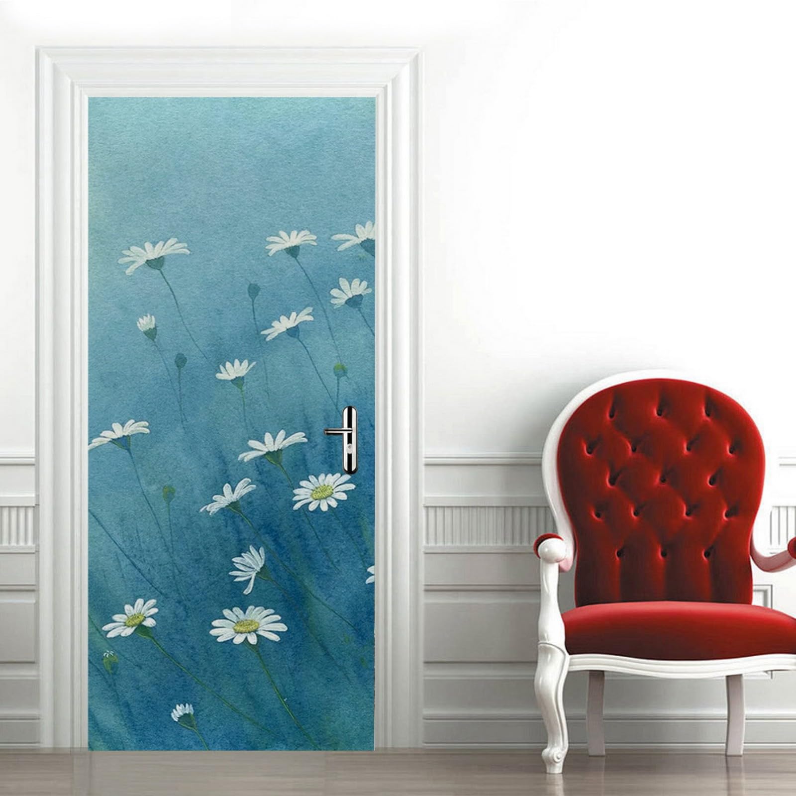A.Monamour 3D Door Stickers for Interior Doors Watercolor White Daisy Flowers Painting On Blue Background Vinyl Waterproof Self Adhesive Door Mural Decals for Bedroom Office Bathroom 85 x 215cm